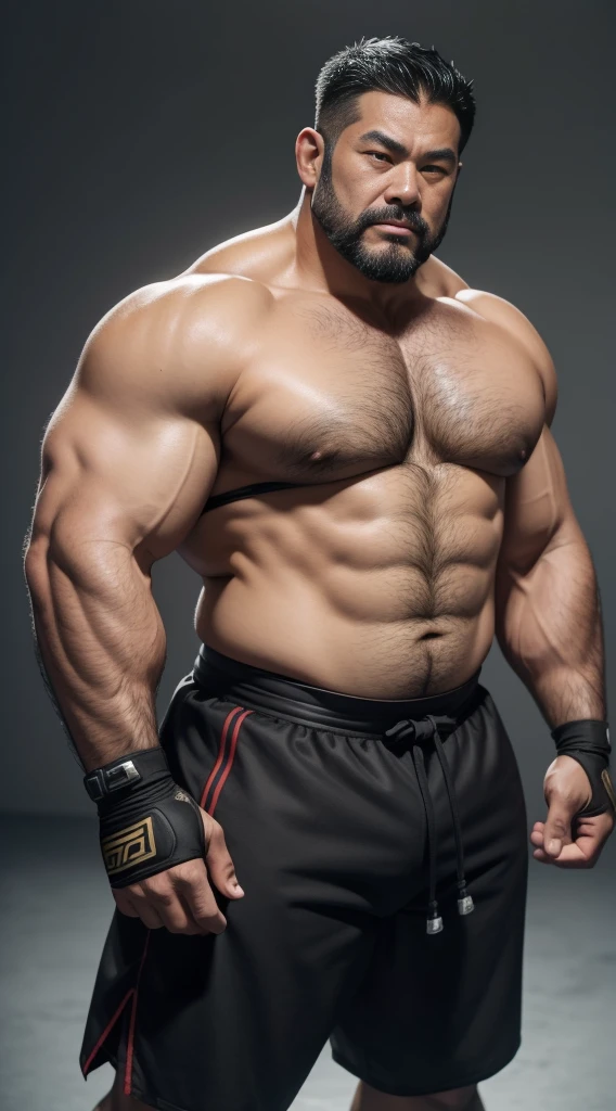 Middle aged，solo person，male people，Muscular wrestler，musculous，Stout wrestler，Asian people，uncle，60岁的Middle aged，short hair，short detailed hair，Wrestling bootull body like，Panorama Figures，WWE Ring，WWE American professional wrestling，spotlight lights，shadowing，Vision，Briefatness，age 55，Short beard,Middle aged，Tattooed with，Fingerless gloves，Wheat-colored skin，Oily skin，dark-skin，Show your pectoral muscles，Sumo wrestler，body builder，Wide sideburns，Pronounced abs，ssmile，Kouzihu，Gray hair，（Full body like：3），Fine hands，solid color backdrop，Plain white background