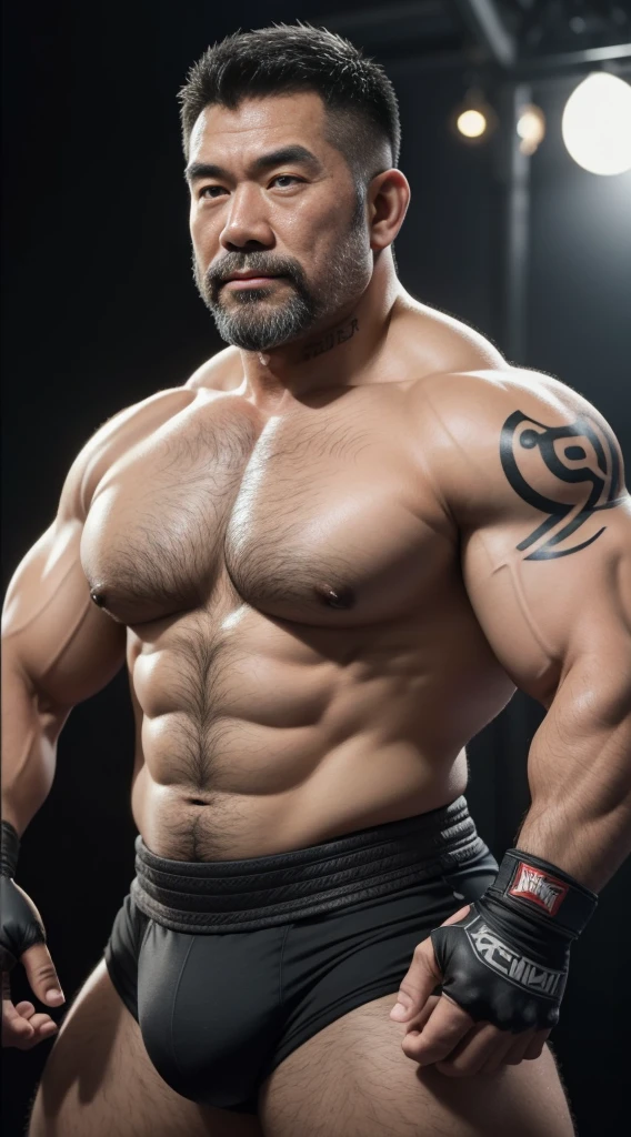 Middle aged，solo person，male people，Muscular wrestler，musculous，Stout wrestler，Asian people，uncle，60岁的Middle aged，short hair，short detailed hair，Wrestling bootull body like，Panorama Figures，WWE Ring，WWE American professional wrestling，spotlight lights，shadowing，Vision，Briefatness，age 55，Short beard,Middle aged，Tattooed with，Fingerless gloves，Wheat-colored skin，Oily skin，dark-skin，Show your pectoral muscles，Sumo wrestler，body builder，Wide sideburns，Pronounced abs，ssmile，Kouzihu，Gray hair，（Full body like：3），Fine hands，solid color backdrop，Plain white background