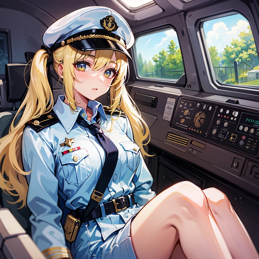 (((masterpiece)))、(((Top image quality)))、(((top-quality)))、(((highly detailed unity 8kwall-paper)))、(Illustration of one woman)、full bodyesbian、30-years old、(((neuter)))、((Blonde twintails))、Light golden eyes、((Tall))、(((Muscular and strong body)))、(((Split abs)))、(((muscular and thick arms)))、(((muscular and thick legs)))、(((manspreading)))、((Military uniforms))、((Military Cap))、((Military coat))、(white clothes)、(White pants)、(White cap)、trench coat、((Inside the spaceship、Sitting in the captain's seat))