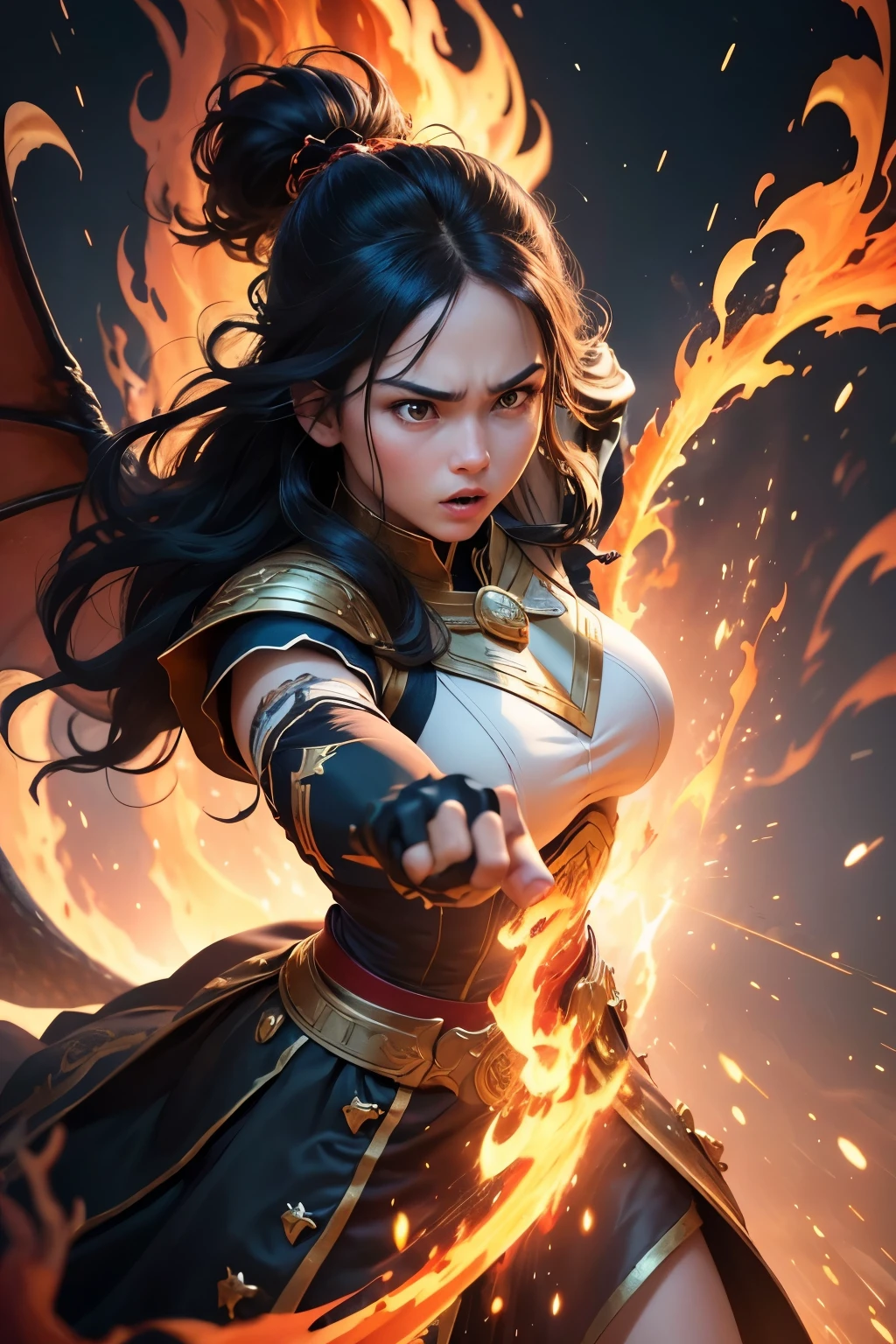 (best quality,4k,8k,highres,masterpiece:1.2),ultra-detailed,realistic,long black hair,sharp focus,physically-based rendering,extreme detail description,professional,vivid colors,bokeh,portrait,dragon punch,dynamic poses,warrior,anime,studio lighting,colorful tones,summoning the power of the dragon,powerful attack,fiery explosion,celestial background,juvenile and energetic,dragon-shaped fire waves,fierce expression,raging flames,dramatic movement,crackling energy,precision and strength,noble spirit,heroic pose,imposing presence,strong and confident,rippling muscles,sparkling eyes,harnessing inner strength,brave and fearless,legendary artwork,expressive face,thrilling action,grandiose scene,awe-inspiring,heroic battle,true masterpiece