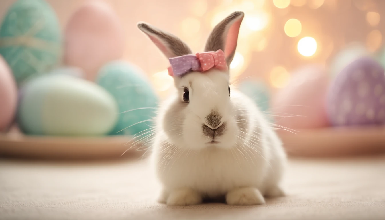 a whimsical shot of a bunny wearing a tiny Easter hat or bowtie, with a bokeh background of pastel colors, creating a festive and charming atmosphere