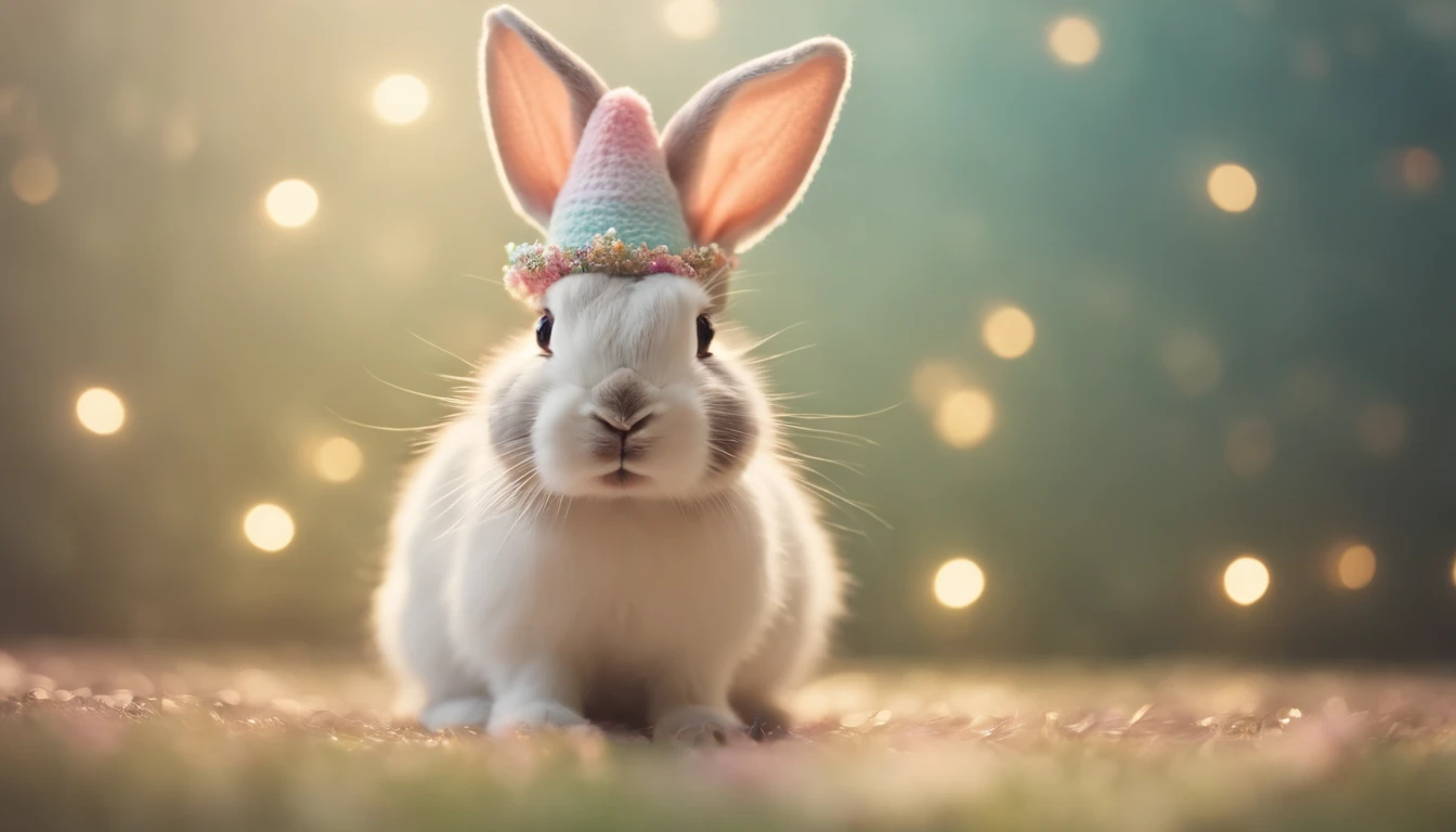 a whimsical shot of a bunny wearing a tiny Easter hat or bowtie, with a bokeh background of pastel colors, creating a festive and charming atmosphere