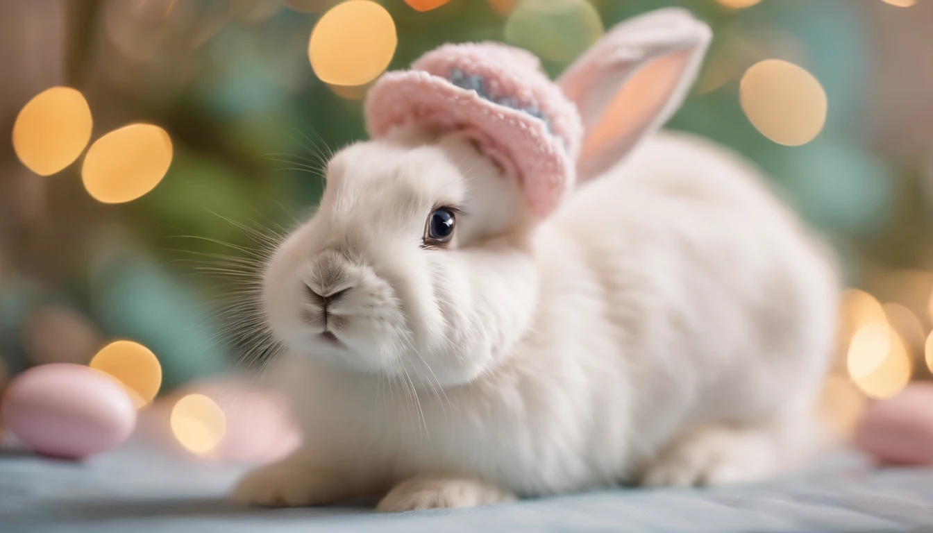 a whimsical shot of a bunny wearing a tiny Easter hat or bowtie, with a bokeh background of pastel colors, creating a festive and charming atmosphere