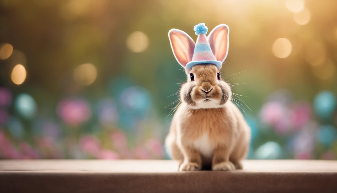 a whimsical shot of a bunny wearing a tiny Easter hat or bowtie, with a bokeh background of pastel colors, creating a festive and charming atmosphere