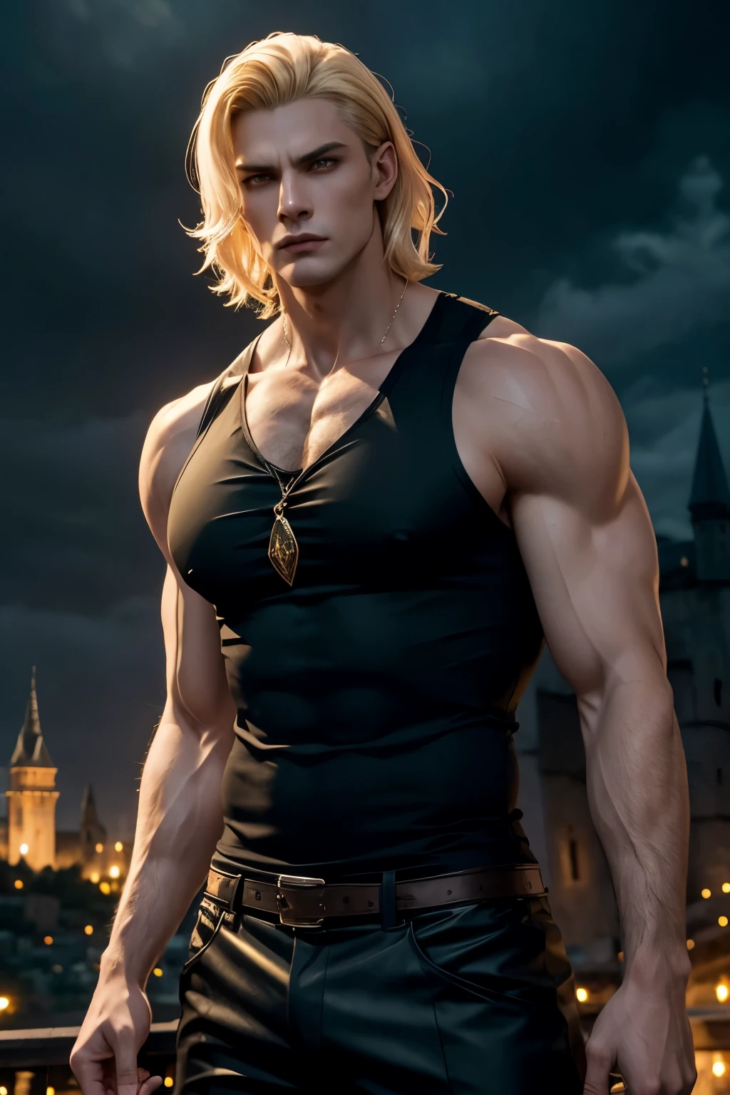 A tall male vampire in a dark fantasy setting. Thick short wavy blonde hair with a undercut. Skin in shimmering golden Eyes glow steel blue, almost fluorescent. Square chin. Full lips. High cheekbones. Wide forehead. Strong stature. Muscled. No control. Charming. Cursed. Wearing a cotton Black tank top. Black trousers. Background: Da medieval castle on a hill in stormy night.