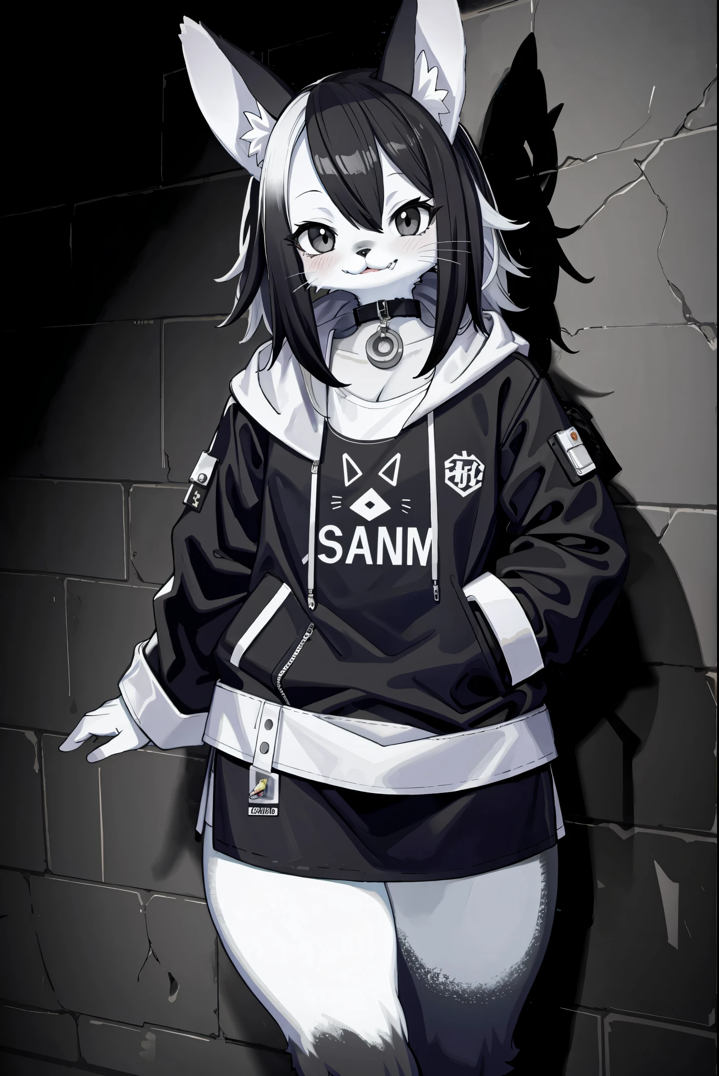 cover page, highres, top quality, best quality, paid reward available, unparalleled masterpiece, perfect artwork, absurdres, High-quality illustrations, laughing, perfect anatomy, lineart, monochrome, 1girl, kemono, furry, anthro, choker, shirt, torn legwear, open jacket, against wall, brick wall, graffiti, dim lighting, alley, dynamic angle,