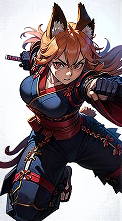 (HD, sharp, fractals), 1人の女性,cel shaded animation, Super glossy skin, Canine ears, Dog tail, Soldier holding a katana, samurais, samurais, jpn, Japanese style costume,