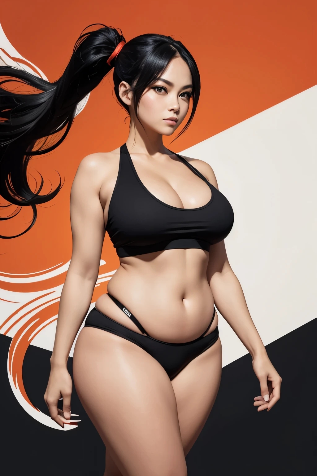 (best quality,ultra-detailed),vector design,sticker design,logo,white outline,simple design,plump body type,tank top,black hair with a vibrant shine,red eyes that reflect a fiery spirit,twintails that cascade down,brushed strokes creating dynamic movement,crisp lines defining each element,a hint of color highlighting the logo,fine details that make the design pop,standing against a clean background that allows the design to take center stage,perfect balance of simplicity and eye-catching appeal,expertly crafted to capture attention and leave a lasting impression.