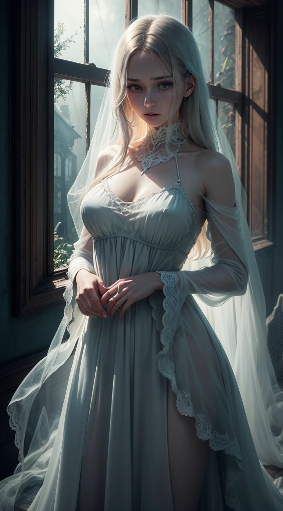(best quality,4k,8k,highres,masterpiece:1.2),ultra-detailed,realistic,hauntingly beautiful ghost woman with flowing translucent dress, ethereal, mysterious atmosphere, abandoned house, decaying walls, broken windows, overgrown vegetation, moonlight shining through, soft, dim lighting, surreal, paranormal presence, dark shadows, eerie silence, supernatural energy, misty surroundings, subtle and chilling, deep emotional impact, fine art photography