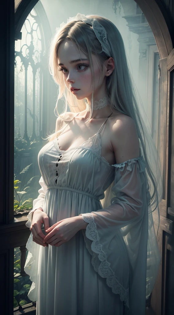 (best quality,4k,8k,highres,masterpiece:1.2),ultra-detailed,realistic,hauntingly beautiful ghost woman with flowing translucent dress, ethereal, mysterious atmosphere, abandoned house, decaying walls, broken windows, overgrown vegetation, moonlight shining through, soft, dim lighting, surreal, paranormal presence, dark shadows, eerie silence, supernatural energy, misty surroundings, subtle and chilling, deep emotional impact, fine art photography