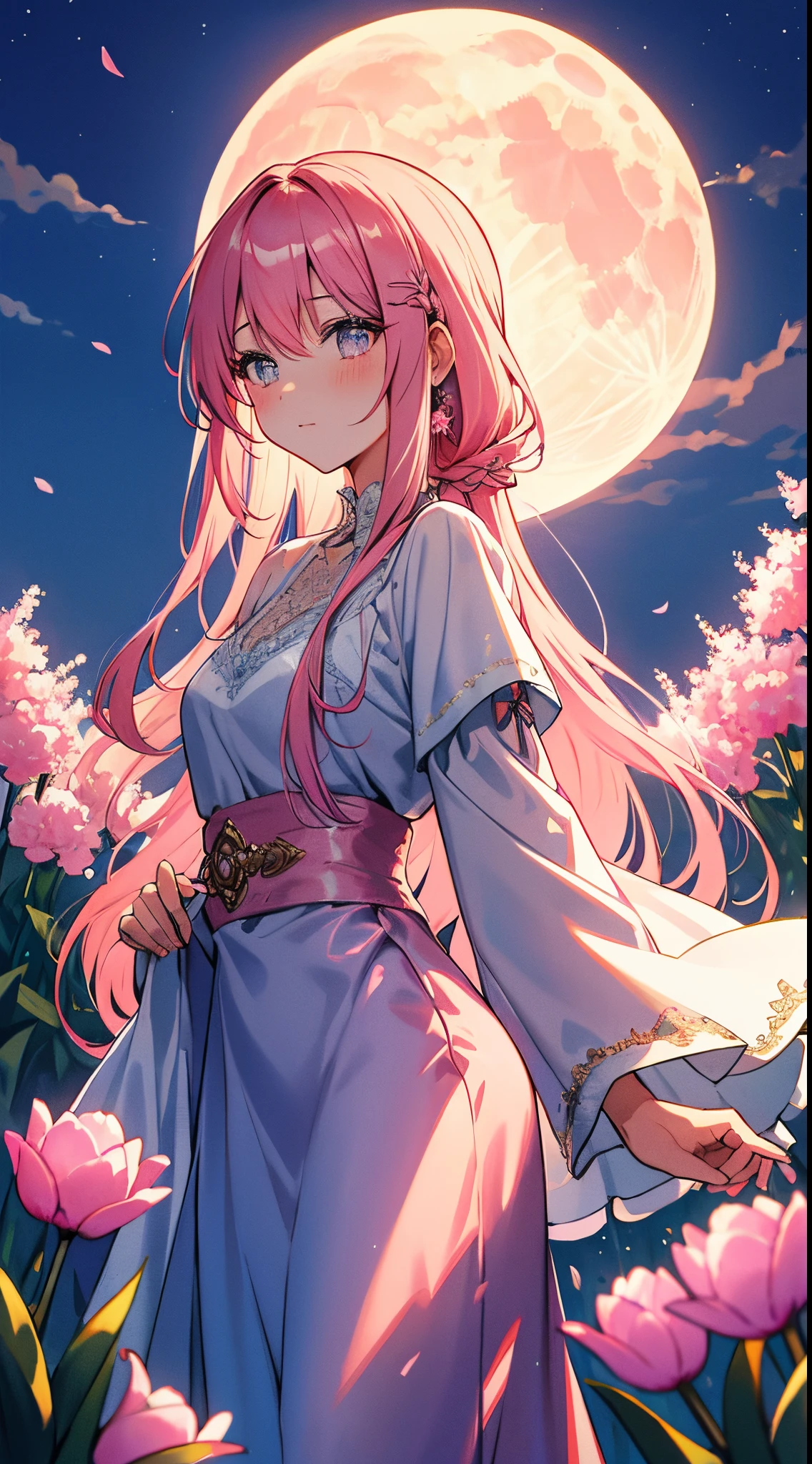 pink hair, straight hair, lace braid ponytail, sapphire eyes, slim body, tulip gardens, night, masterpiece, princess robes, moon hairpin