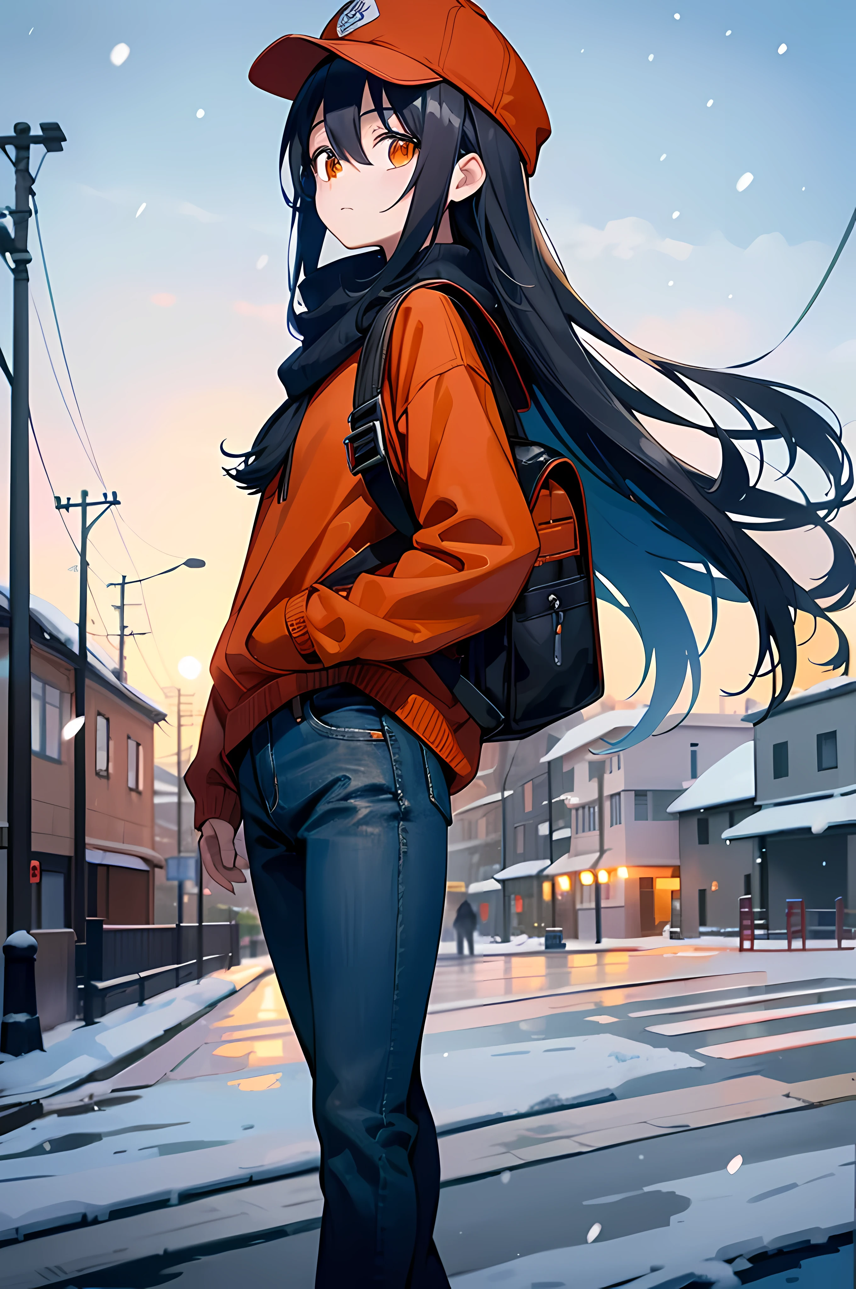 (8K Ultra High-Quality) (Masterpieces) (Image) (人物: Rimuru) 1 Girl, Long Black hair, Orange eyes colors, wearing red sweater, wearing Jean, walking on side walk, background in European town Snow winter, wearing cap, carrying backpack, surprise face looking at viewer from left side.