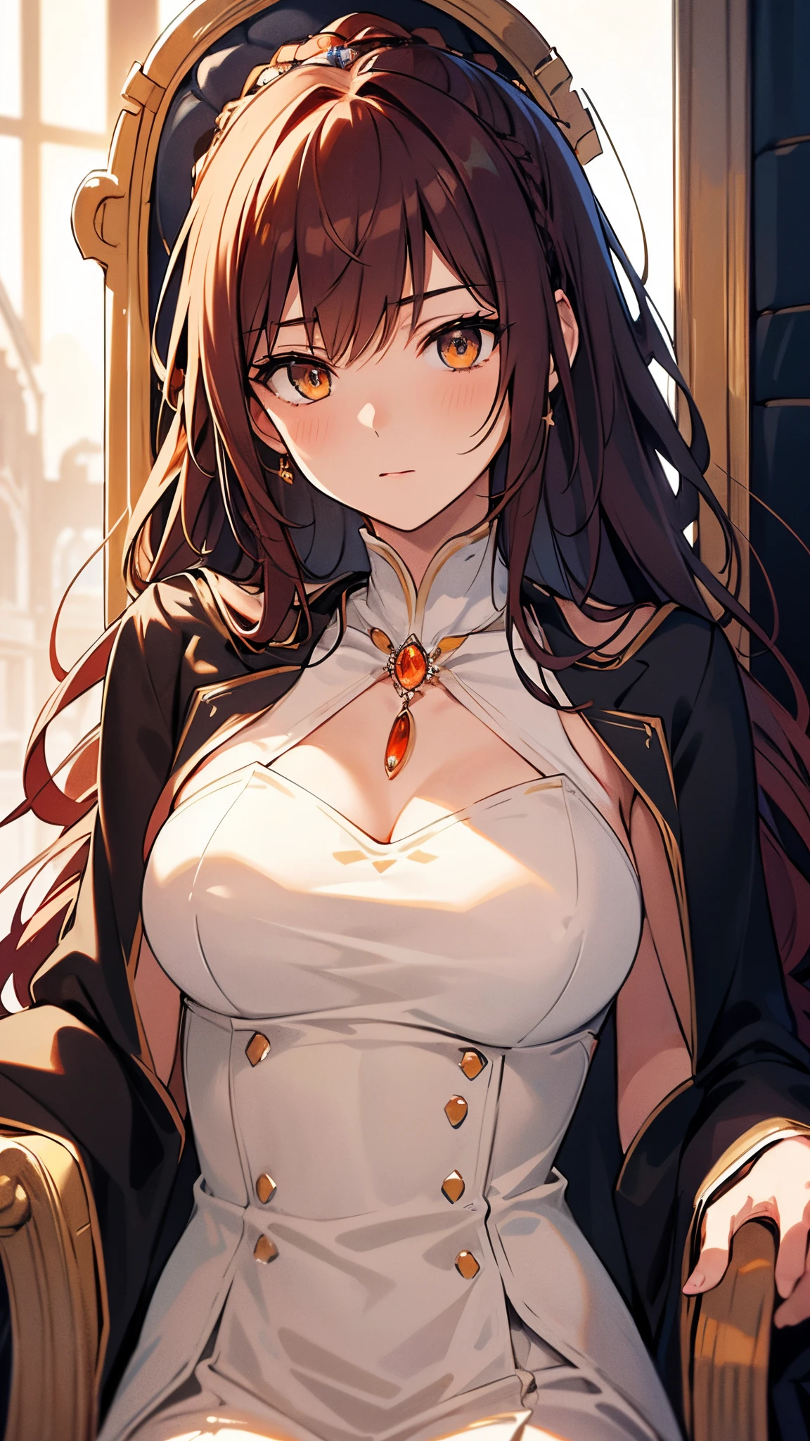 auburn hair, amber eyes, princess, royalty, long hair, hair-up, slender body, dynamic angle, gentle expression, throne room, elegant, dignified, intimidating [masterpiece, ultra-detailed, best quality]