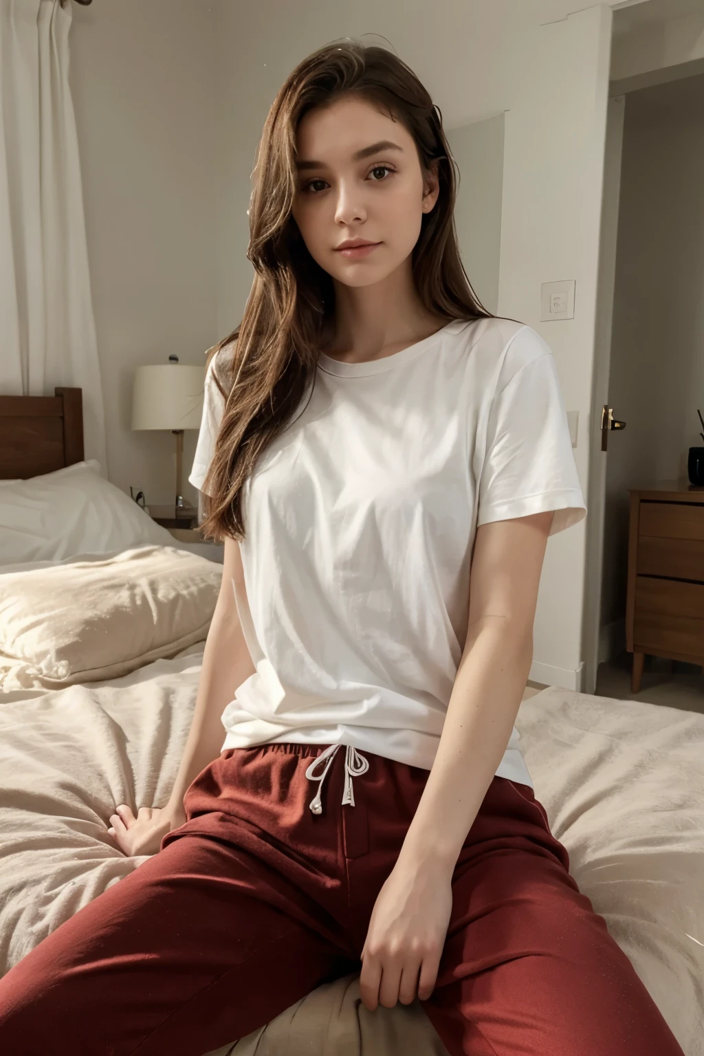 headshot,3 girl,beautiful,Sitting on a chair,in the ((Bedroom)),BREAK private winter pajamas,T-shirt,Long pants,BREAK small breasts,BREAK long Shaken hair,pale skin,fair skin,white skin,BREAK