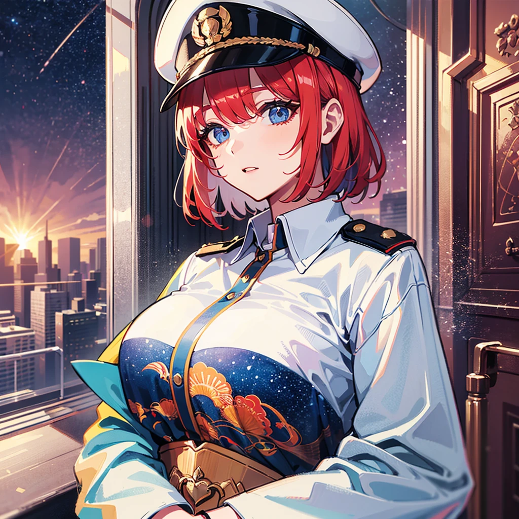 (((masterpiece)))、(((Top image quality)))、(((top-quality)))、(((highly detailed unity 8kwall-paper)))、(Illustration of one woman)、30-years old、(Viceroy)、((Red-haired shorthair))、(Thin hair hanging down both sides of the face)、Blue eyes、((Tall))、((Muscle Woman、stocky build、muscular legs、broad shoulders、solid chest))、((Military uniforms))、((Military Cap))、((Military coat))、(white clothes)、(White pants)、(White cap)、trench coat、(((Inside the bridge of the spaceship)))、(The universe outside the window、Earth seen from space)