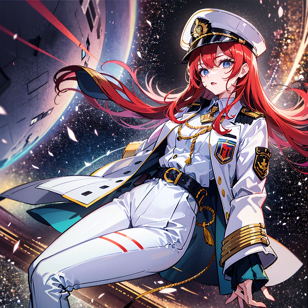 (((masterpiece)))、(((Top image quality)))、(((top-quality)))、(((highly detailed unity 8kwall-paper)))、(Illustration of one woman)、30-years old、(Viceroy)、((Red-haired shorthair))、(Thin hair hanging down both sides of the face)、Blue eyes、((Tall))、((Muscle Woman、stocky build、muscular legs、broad shoulders、solid chest))、((Military uniforms))、((Military Cap))、((Military coat))、(white clothes)、(White pants)、(White cap)、trench coat、(((Inside the bridge of the spaceship)))、(The universe outside the window、Earth seen from space)