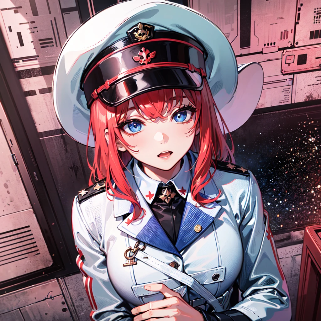 (((masterpiece)))、(((Top image quality)))、(((top-quality)))、(((highly detailed unity 8kwall-paper)))、(Illustration of one woman)、30-years old、(Viceroy)、((Red-haired shorthair))、(Thin hair hanging down both sides of the face)、Blue eyes、((Tall))、((Muscle Woman、stocky build、muscular legs、broad shoulders、solid chest))、((Military uniforms))、((Military Cap))、((Military coat))、(white clothes)、(White pants)、(White cap)、trench coat、(((Inside the bridge of the spaceship)))、(The universe outside the window、Earth seen from space)