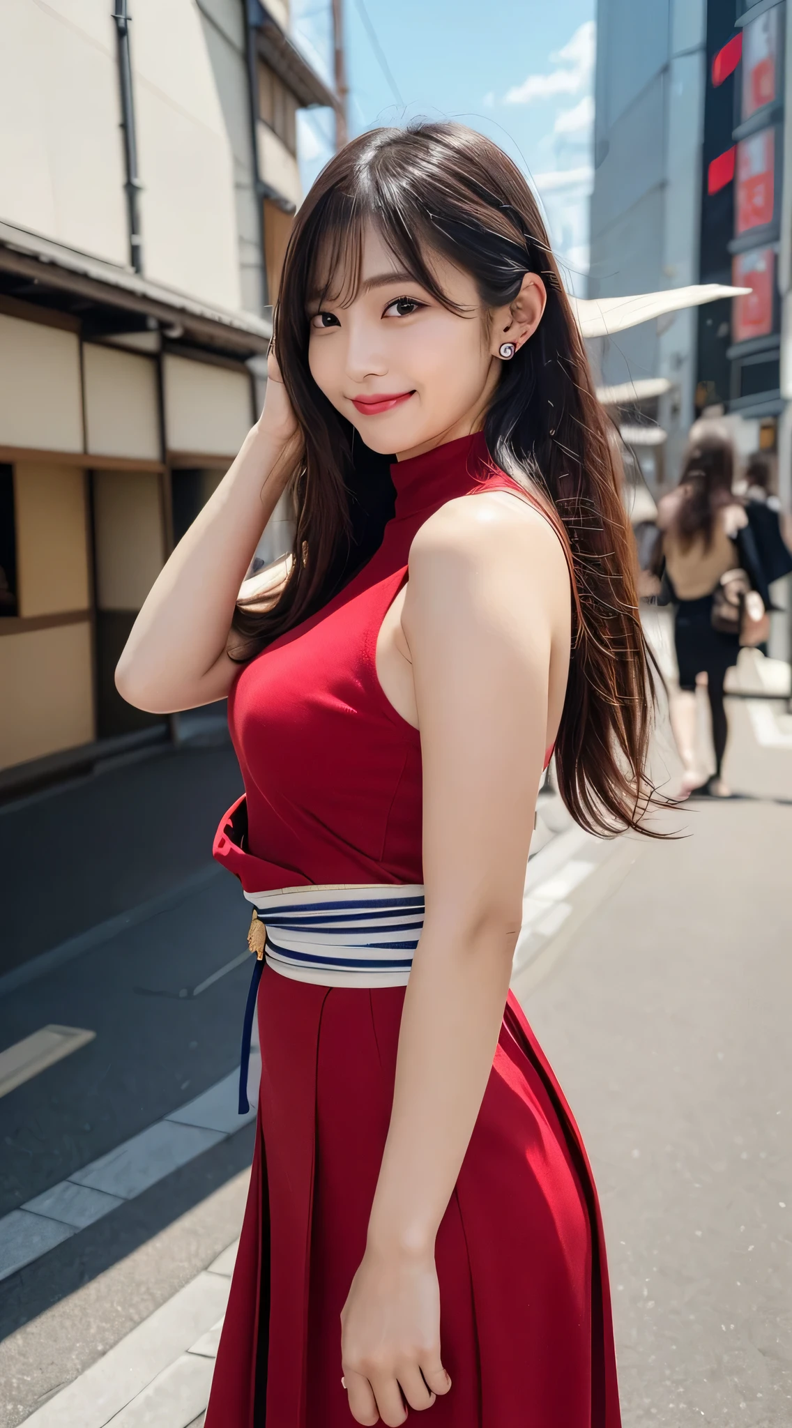 （One Woman）,(Bursting smile:1.5),(Look at viewers:1.1）,（hide one's hands:2.0）,(Beautiful Japan Woman）,straight nose,（hair behind ear, hair over shoulder, straight haired, Long hair, strong wind in the hair:1.5), （ High neck sleeveless , tight skirts:1.5), （high-heels;1.3), detailed  clothes, (Perfect female body), (Narrow waist:1.5), (Bust Up Portrait:1.3), Dynamic Pose, Cinematic Light, cafes