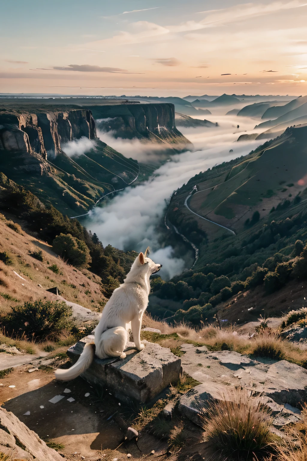 A captivating scene featuring a beautiful girl and a majestic white wolf standing on a cliff overlooking a vast, mist-covered valley below, the first light of dawn painting the sky in hues of pink and gold, creating a sense of awe and wonder, Illustration