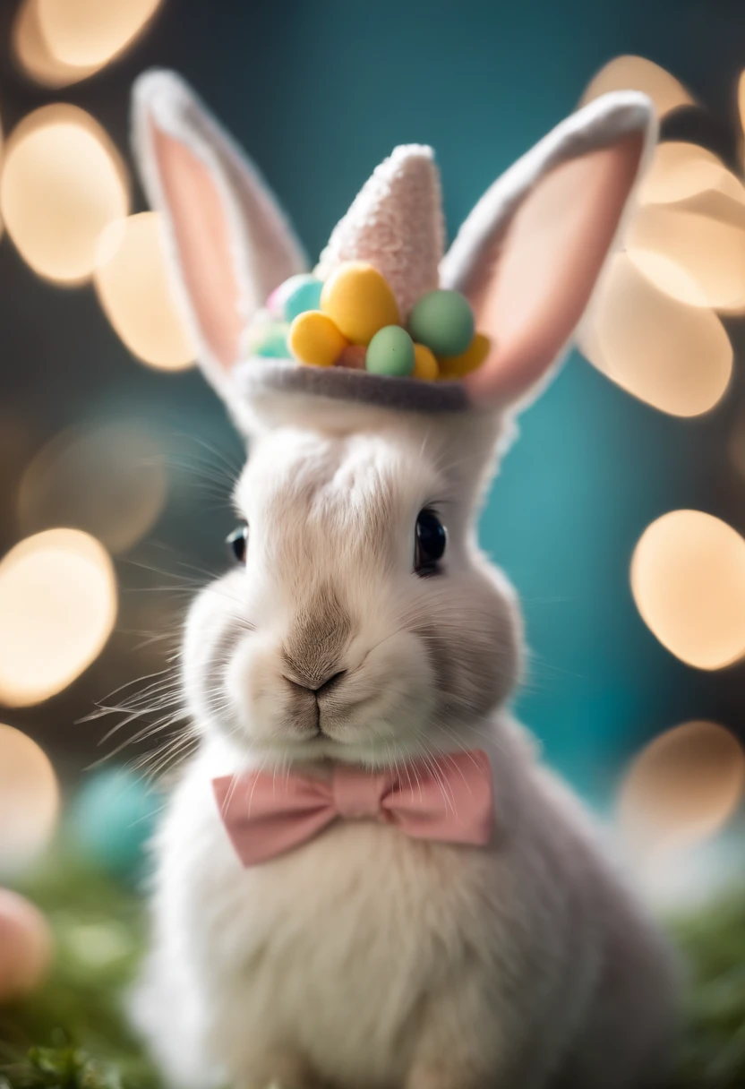 a whimsical shot of a bunny wearing a tiny Easter hat or bowtie, with a bokeh background of pastel colors, creating a festive and charming atmosphere
