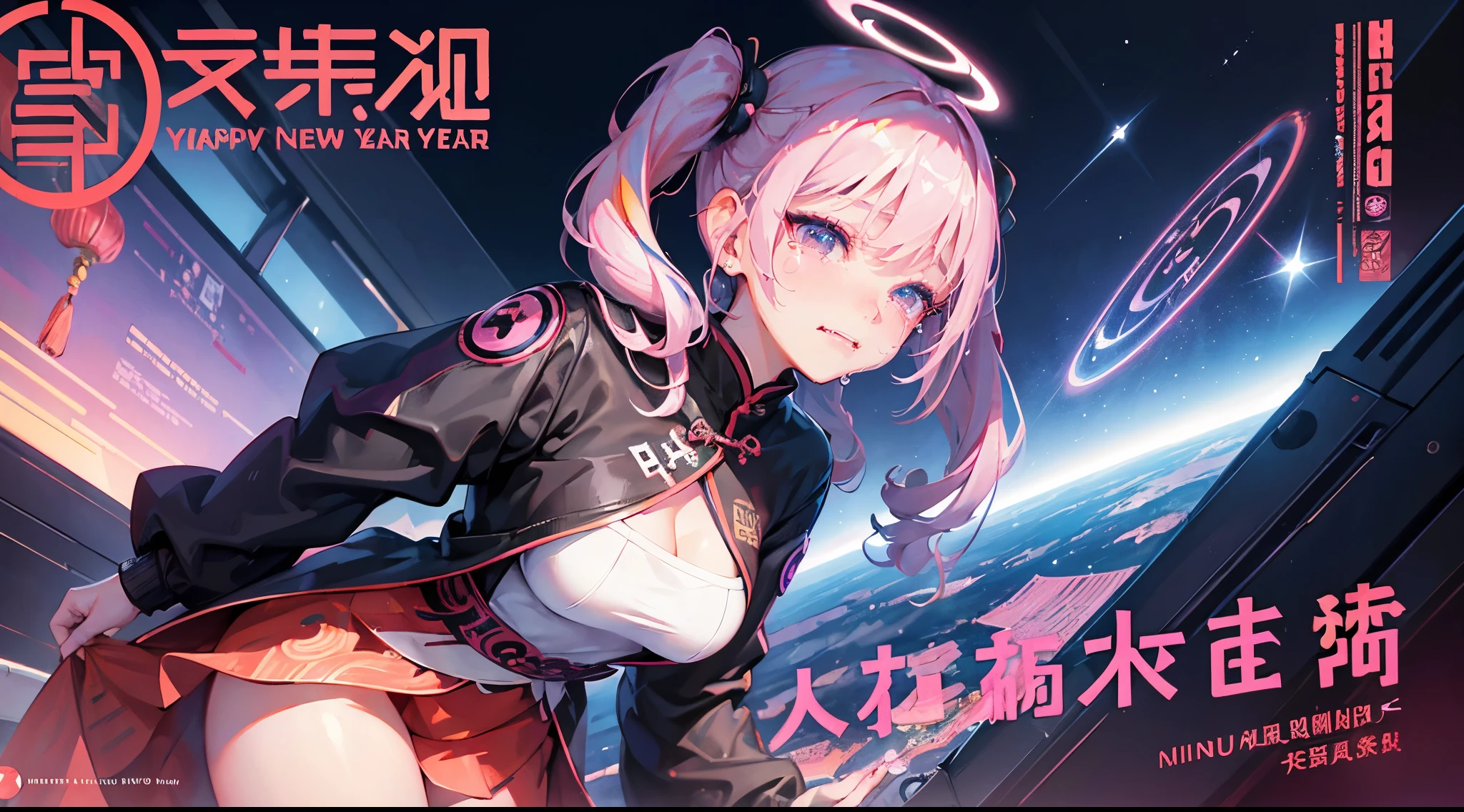 hair bobbles, wince, long eyelashes, solid circle eyes, light smile, ear blush, fang, (rainbow hair), makeup, blush, sad, sad smile, drop shadow, anaglyph, atmospheric perspective, 8k, super detail, accurate, best quality, (cyberpunk), cinematic lighting, masterpiece,1girll, short twintails, Colorful hair, flying, pink bows,((16-year-old female model)),( Stand Neck long sleeve black jacket), mecha, ((dress)), (aquarium), (angel halo), ( wings), (magazine cover), the background is sunrise with planets and shooting stars, aurora, beautiful sky, space view, (wide shot), ((((text)))), (cover), bold, attention-grabbing, ((title)), stylish, (((font))), panorama, eye level shot, tile from below, title from side, title in middle, ((((magazine cover layout)))), (((Chinese New Year)))