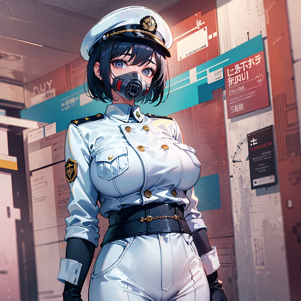 (((masterpiece)))、(((Top image quality)))、(((top-quality)))、((highly detailed unity 8kwall-paper))、(Illustration of one woman)、30-years old、(Viceroy)、Black hair bob cut、(((Gas mask covering the mouth)))、Gray eyes、((Tall))、((huge tit))、((Military uniforms))、((Military Cap))、((Military coat))、(white clothes)、(White pants)、(White cap)、trench coat、(((Inside the spaceship)))
