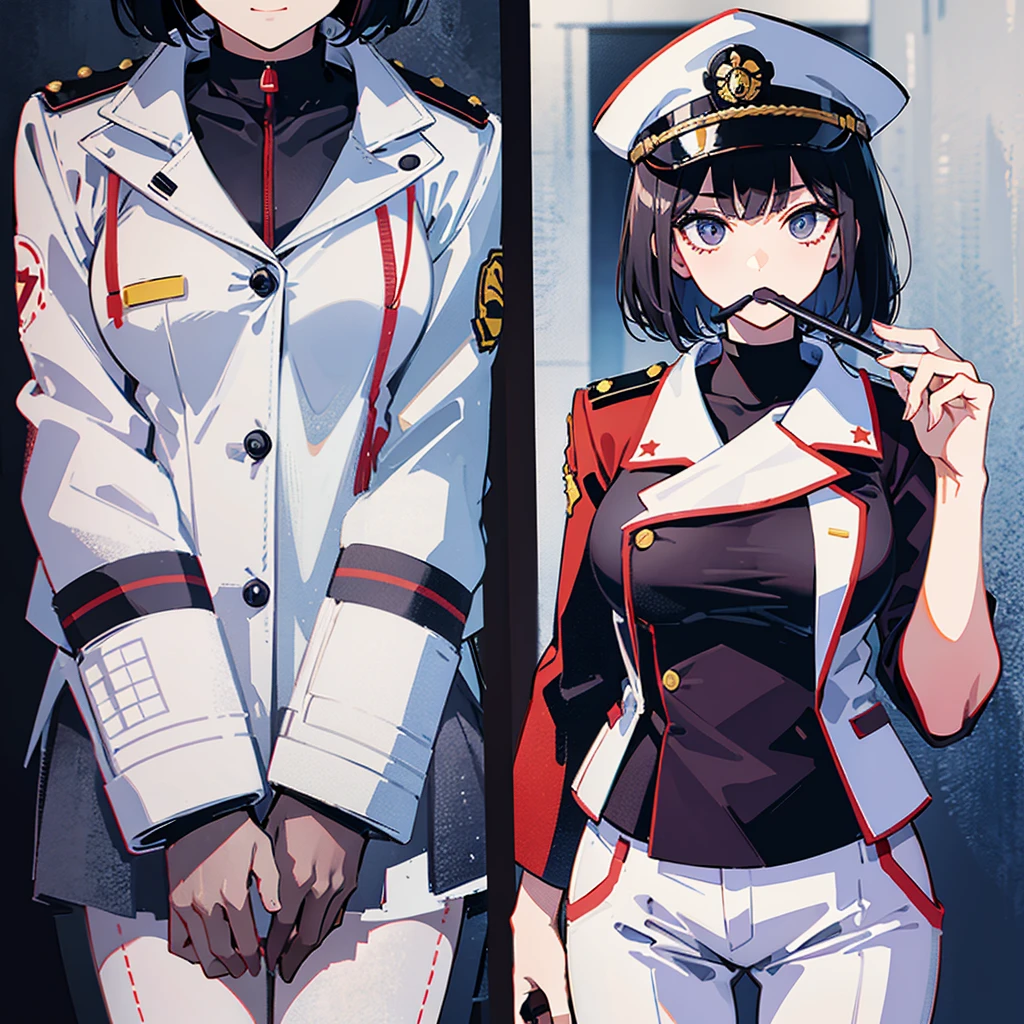 (((masterpiece)))、(((Top image quality)))、(((top-quality)))、((highly detailed unity 8kwall-paper))、(Illustration of one woman)、30-years old、(Viceroy)、Black hair bob cut、(((Gas mask covering the mouth)))、Gray eyes、((Tall))、((huge tit))、((Military uniforms))、((Military Cap))、((Military coat))、(white clothes)、(White pants)、(White cap)、trench coat、(((Inside the spaceship)))