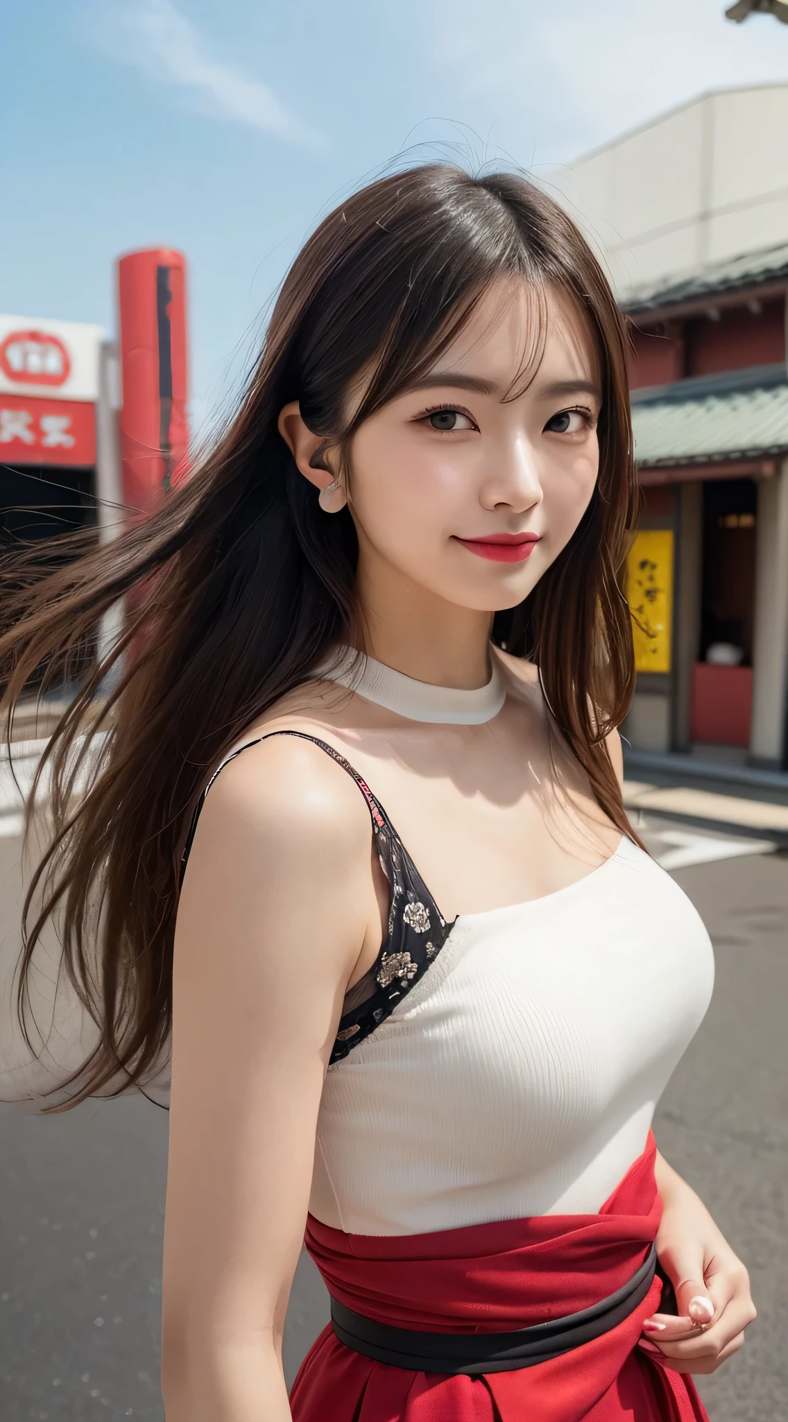 （One Woman）,(Bursting smile:1.5),(Look at viewers:1.1）,（hide one's hands:2.0）,(Beautiful Japan Woman）,straight nose,（hair behind ear, hair over shoulder, straight haired, Long hair, strong wind in the hair:1.5), （ High neck sleeveless , tight skirts:1.5), （high-heels;1.3), detailed  clothes, (Perfect female body), (Narrow waist:1.5), (Bust Up Portrait:1.3), Dynamic Pose, Cinematic Light, cafes