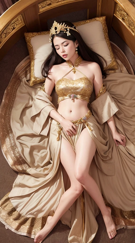 Princesa chinesa antiga，Gilt and enamel hair accessories，The Year of Cardamom，8k，A high resolution，Alone，belly-bar，Long legs apart，Sleep in bed，Full body clothing translucent，Close your eyes
