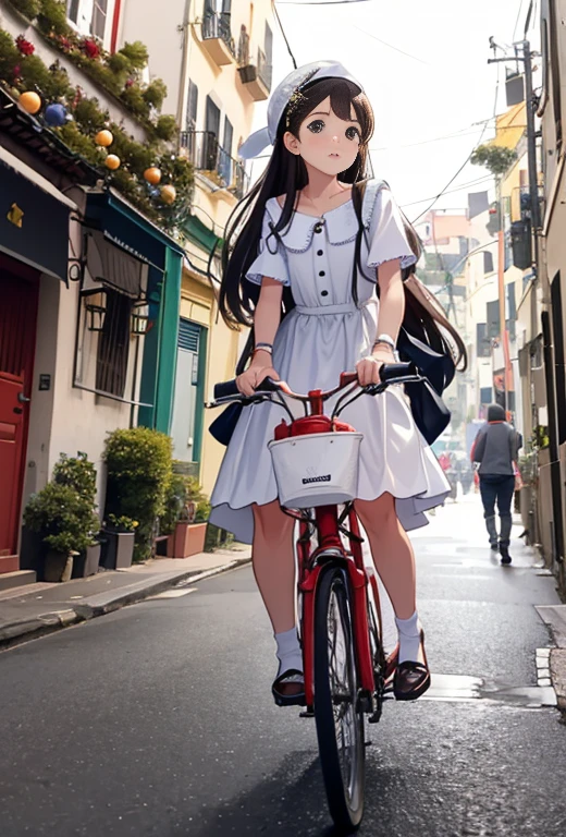 Um ciclista homem vestido de (papai Noel:1.2), is on a tree-filled street with wide sidewalks, passeios largos