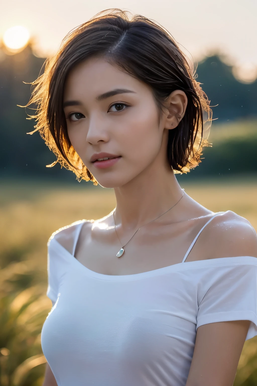 ((top-quality、8K、masterpiece: 1.erfect Body Beauty: 1.4、Slender Abs: 1.2、Beautiful woman with slender abs:1.3、(Highlight Haircutreast B Cup:1.2), medium breast, round shape breast, perfect shape breast, ((( wear wet T-shirt, wide neck))) (((black strap on shoulder))), pubic hair,hight pubic bone, necklace, hyperdetailed face、18year old、 Pretty women、(Dark brown short-cut hair), Slim Face、Highly detailed facial and skin texture、very detailed lips、opens legs、top-quality、masterpiece、超A high resolution、(Photorealsitic:1.4), walked forward confidently, long shot , (outdoor), bright background, sunset light,