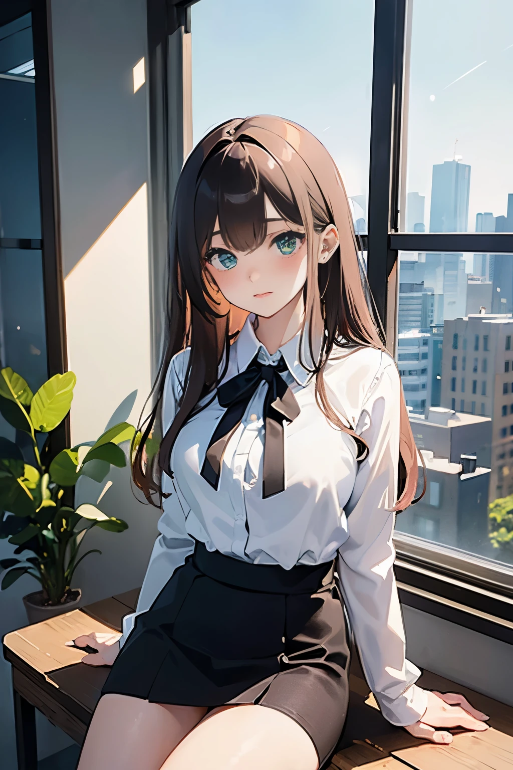 (Masterpiece:1.2, high quality), (pixiv:1.4), (1girl:1.2), (solo:1.2), beautiful caucasian woman, pale skin, (face mask), detailed green eyes, (detailed eyes), wavy hair, asymmetric hair, bangs, (blush:1.2), (looking away), looking sideways, detailed neck, collabone, school uniform, (unbuttoned shirt), brown skirt, bare thighs, sitting beside window, windowsill, professional photography, vivid colors, soft lighting, high contrast, intrinsic details, natural beauty, aesthetic indoors, classroom, artistic details, (detailed face), ultra-detailed, 4k, HD, (highres:1.5),