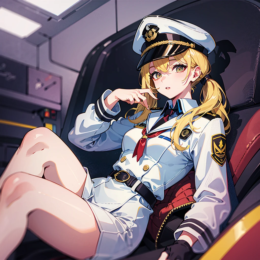 （（（​masterpiece）））、（（（Top image quality）））、（（（top-quality）））、（（（highly detailed unity 8ｋwall-paper）））、（Illustration of one woman）、full bodyesbian、30-years old、（（（neuter）））、（（Blonde twintails））、Light golden eyes、（（Tall））、（（（Muscular and strong body）））、（（（Split abs）））、（（（muscular and thick arms）））、（（（muscular and thick legs）））、（（（manspreading）））、（（Military uniforms））、（（Military Cap））、（（Military coat））、（white  clothes）、（White pants）、（White cap）、trench coat、（（Inside the spaceship、Sitting in the captain's seat））