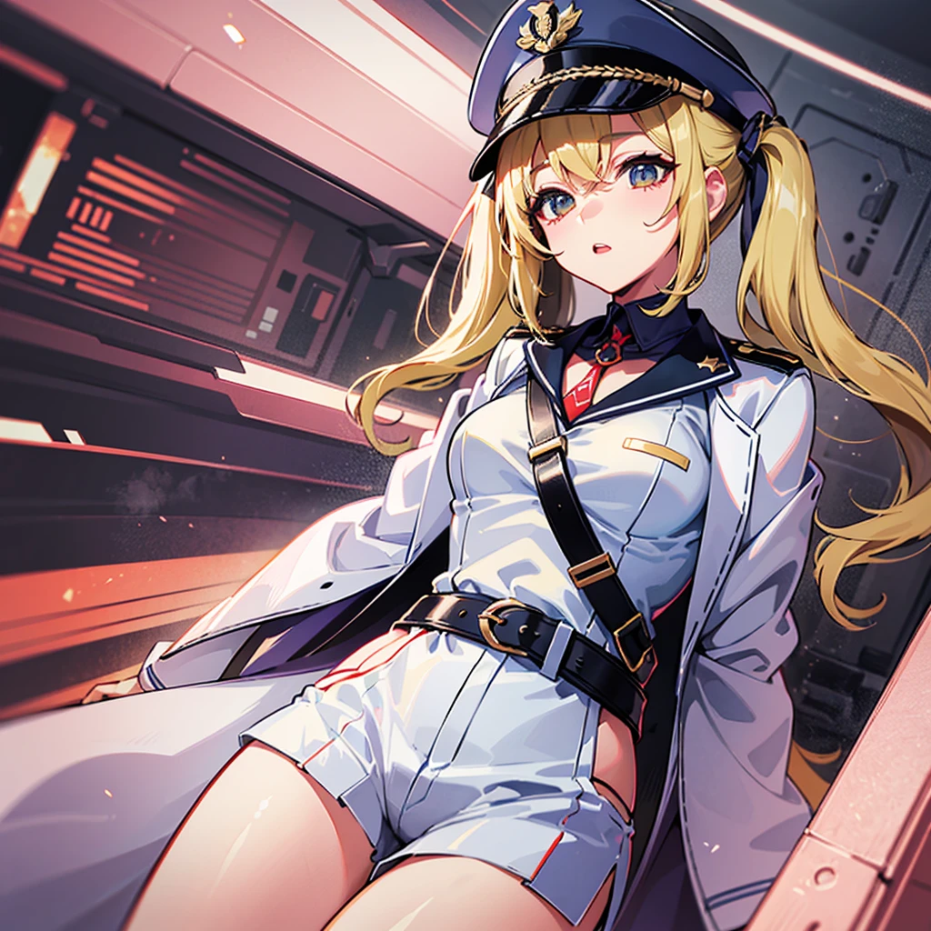 （（（​masterpiece）））、（（（Top image quality）））、（（（top-quality）））、（（（highly detailed unity 8ｋwall-paper）））、（Illustration of one woman）、full bodyesbian、30-years old、（（（neuter）））、（（Blonde twintails））、Light golden eyes、（（Tall））、（（（Muscular and strong body）））、（（（Split abs）））、（（（muscular and thick arms）））、（（（muscular and thick legs）））、（（（manspreading）））、（（Military uniforms））、（（Military Cap））、（（Military coat））、（white  clothes）、（White pants）、（White cap）、trench coat、（（Inside the spaceship、Sitting in the captain's seat））
