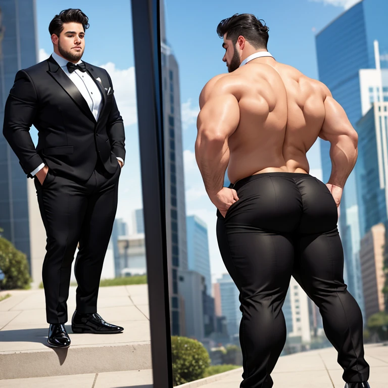 Ginger man in a tuxedo, huge ass, comically massive ass, tight tuxedo pants, large boy booty, bubble butt, man bubble butt, thick, thicc, thick thighs, thick ass, athletic, fit, round ass, full ass, wide ass, tuxedo