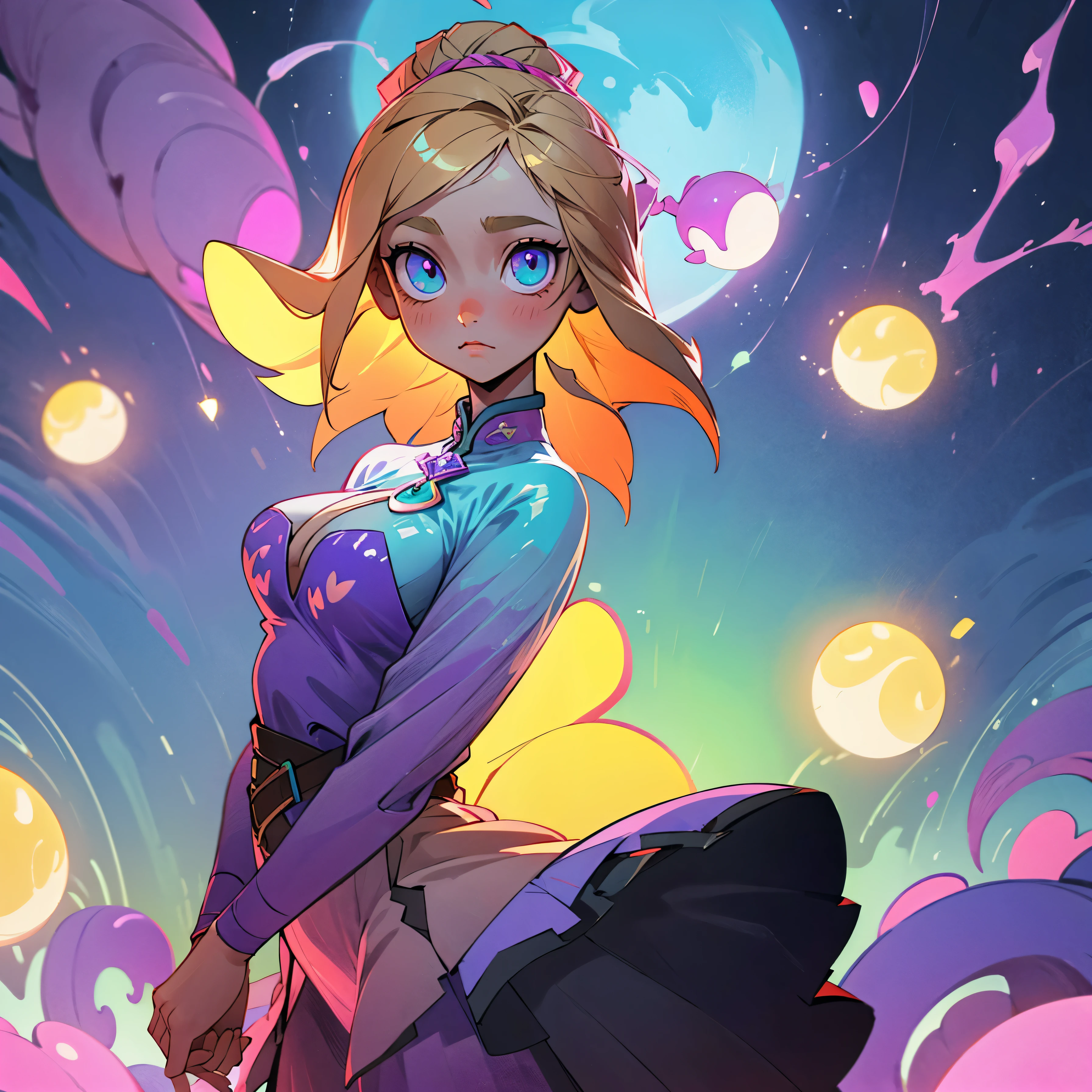 Fantasy art, one beautiful girl in a dress, thoughtful look, Dreamy colors, glowing around, light background, neon water magic, symmetric eyes, symmetrical nose, emerald eyes, black symmetrical pupils, straight dark brown hair with soft pink and purple curls, Casual styles in beige or white with a cute, magical neon print., Detailed magical fantasy city background, Magic City, neon lights, UHD, 128 K.