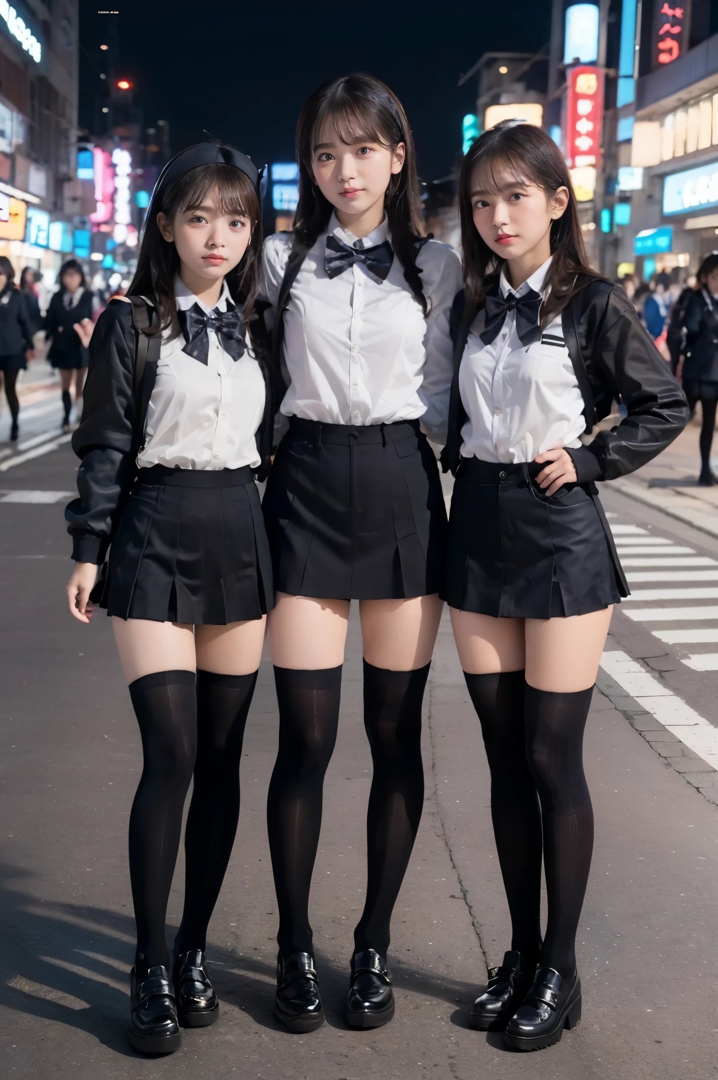 (full body photographed)、street snap、A -facel wearing a short skirt and bow tie stands on a neon street at night.(Tall)のgals女性が3人います、(3 girls)、(gals)、Phenomenally cute schoolgirl、micro sailor uniform、Winter clothes、Japanese school black uniform、(large udder、The shirt opens on the chest, exposing a lot of cleavage.)、Girl in a surreal female uniform、Wearing a dark blue uniform、Schoolgirl Pose、full body Esbian、Nice skin、glistning skin、lovely thighs、(long legged)、(wide thighs)、(Micro Mini Skirt)、glowing thigh、With garter、(opaque black knee high socks)、((all hands)(I definitely wear black knee socks that go above the knee.))、I&#39;m wearing high heeled leather shoes、High School in Japan 、乃木坂アイドル、韓国アイドル、Invite you inside、Inviting eyes