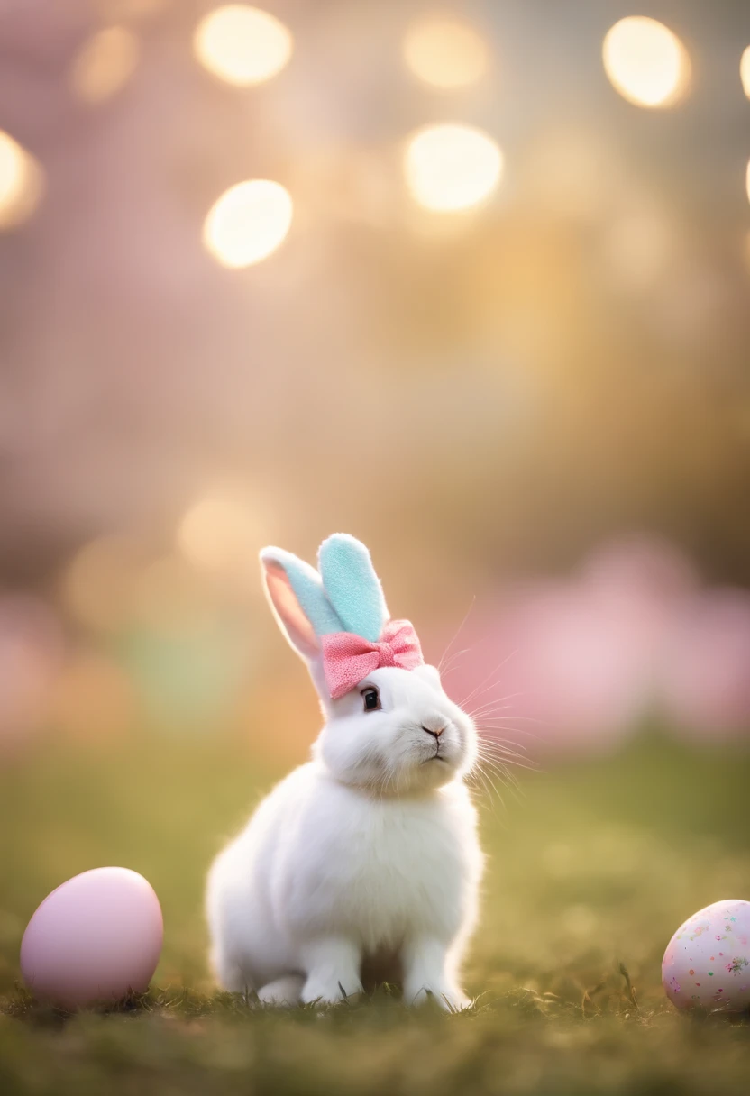 a whimsical shot of a bunny wearing a tiny Easter hat or bowtie, with a bokeh background of pastel colors, creating a festive and charming atmosphere