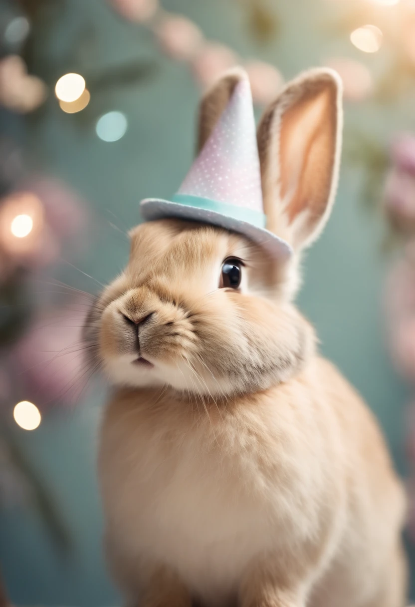 a whimsical shot of a bunny wearing a tiny Easter hat or bowtie, with a bokeh background of pastel colors, creating a festive and charming atmosphere
