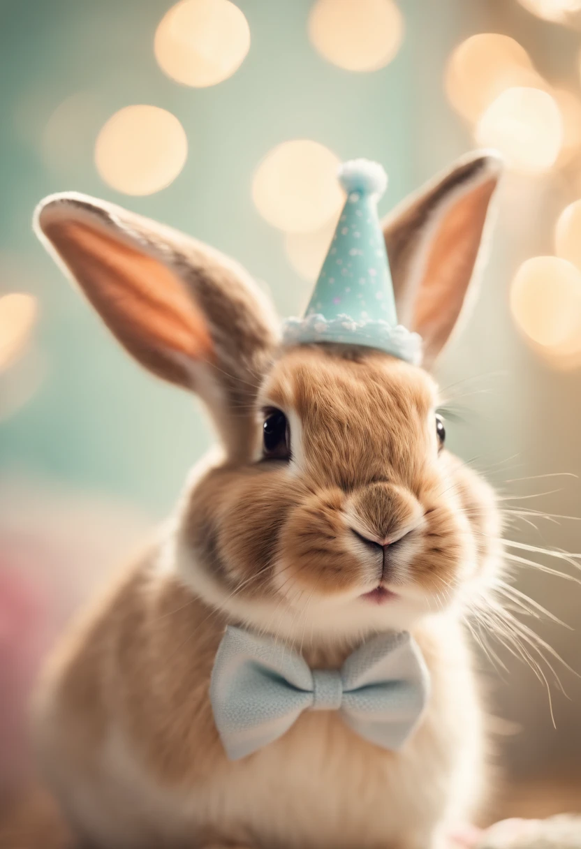 a whimsical shot of a bunny wearing a tiny Easter hat or bowtie, with a bokeh background of pastel colors, creating a festive and charming atmosphere