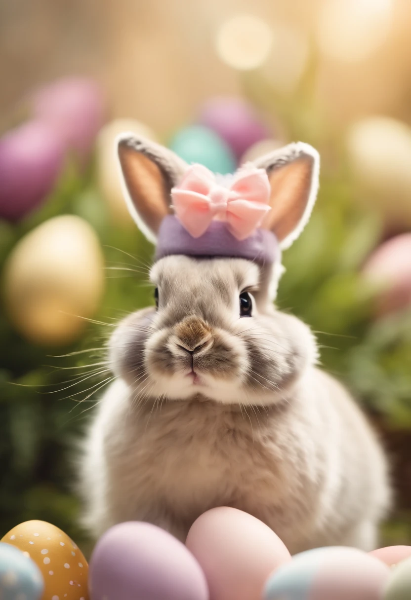 a whimsical shot of a bunny wearing a tiny Easter hat or bowtie, with a bokeh background of pastel colors, creating a festive and charming atmosphere