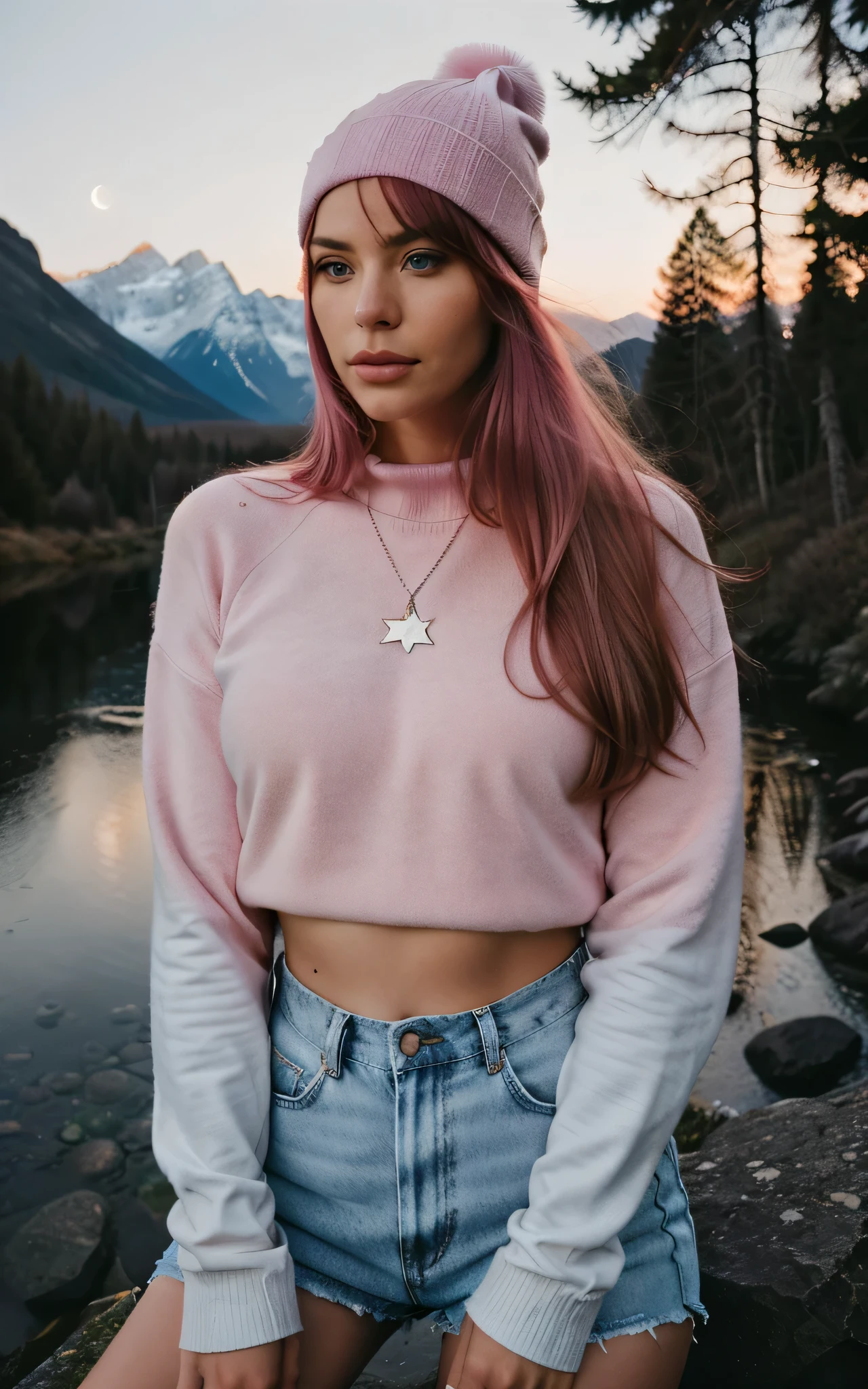 fotorrealista, best quality, hiper detalhado, Beautiful woman, cabelo rosa longo, foto de selfie com franja e olhos azuis, She is facing her cell phone camera&#39;s pink upper body, soio, wearing pullover, rosa ao ar livre, (Noite), Montanhas, natureza da vida real, Estrelas, lua, (alegre, Feliz), Saco de Dormir, Luvas, pink pullover, kalap, cor rosa, lanterna, Floresta, Rochas, Rio, Madeira, smoke billowing, mistborn, clear sky, analogue style, Olhando para o Viewer, textura da pele, filmic grain, fechar para cima, Ultra high resolution, Melhor sombra,