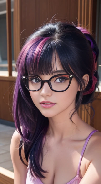 (Obra maestra, La mejor calidad, fotorrealista, Altas Resoluciones, Cinematographer, :1.3), foco nítido, 1 chica hermosa , Chica Americana  , 16 year old , Modelo hermosa, diafragma, Ojos color morado y pupilas altamente detallados, Piel realista, Forma delgada del cuerpo, escote, cabello extremadamente detallado, They are smiling, sexy, fondo variado , ((realista, super-realistic, realismo, Detalles realistas)) Twilight Sparkle , mlp , gafas de lectura , lindo maquillaje ,labios rojos , cabello largo morado con mechas rosas y lilas, pony tail , cuerpo completo , cuerpo sexy , posando en biblioteca  , desnuda , hermosa desnudes , sin ropa , erotica , sexual