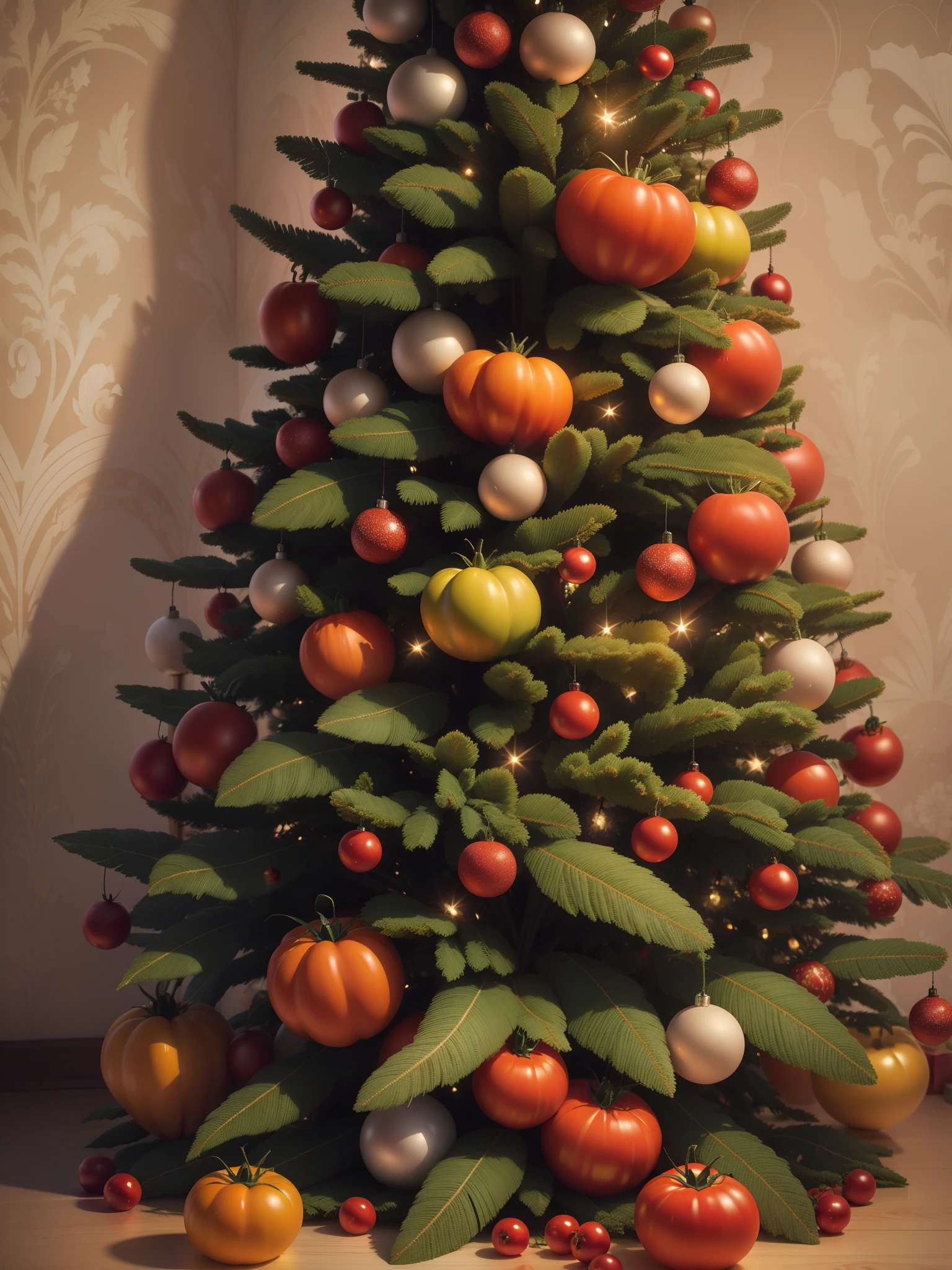Christmas tree with tomatoes, a lot of tomatoes, New Year, the whole apartment is covered in tomatoes, tomatoes on the Christmas tree, tomato carpet, tomato wallpaper, New Year