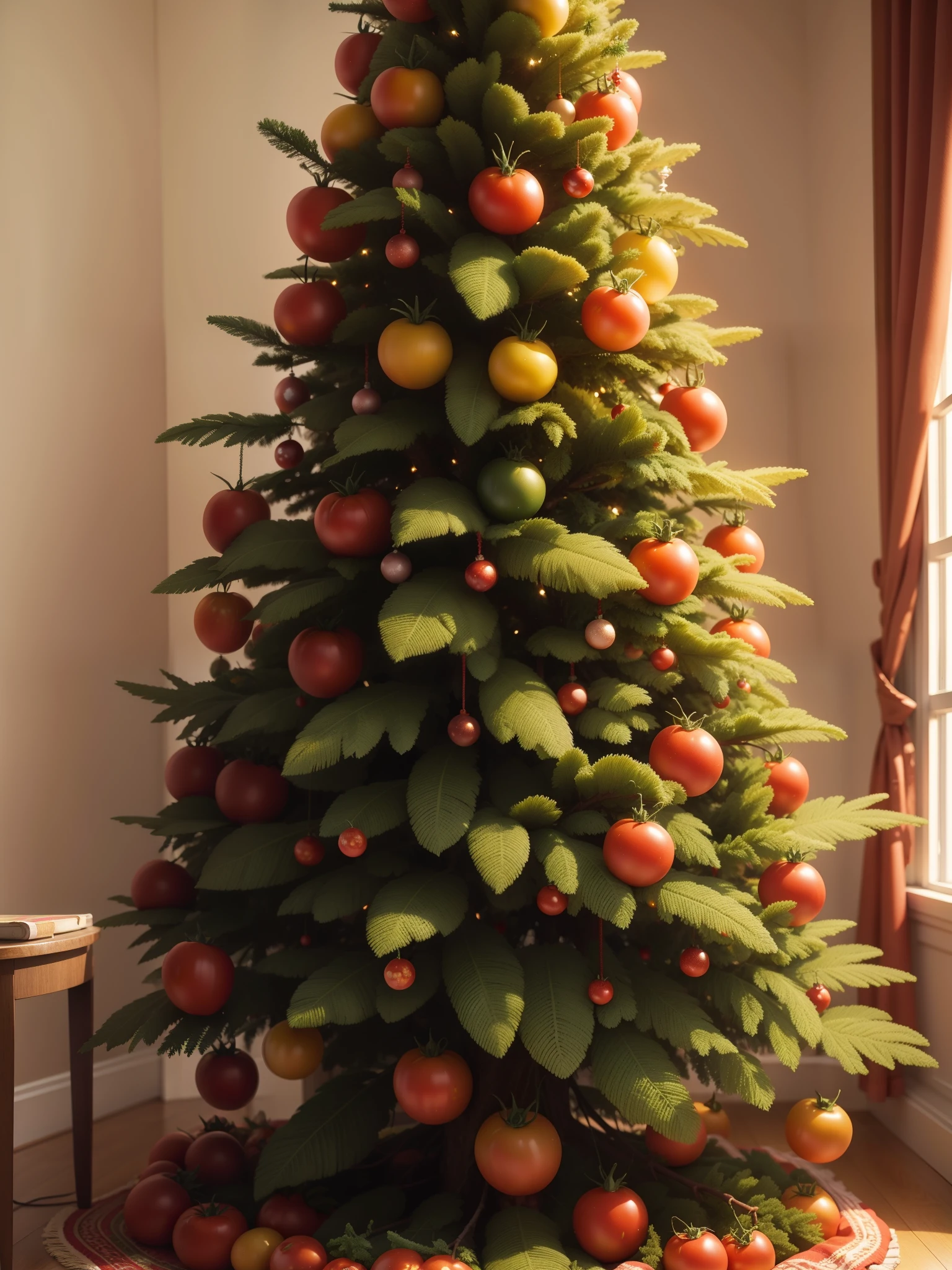 Christmas tree with tomatoes, a lot of tomatoes, New Year, the whole apartment is covered in tomatoes, tomatoes on the Christmas tree, tomato carpet, tomato wallpaper, New Year