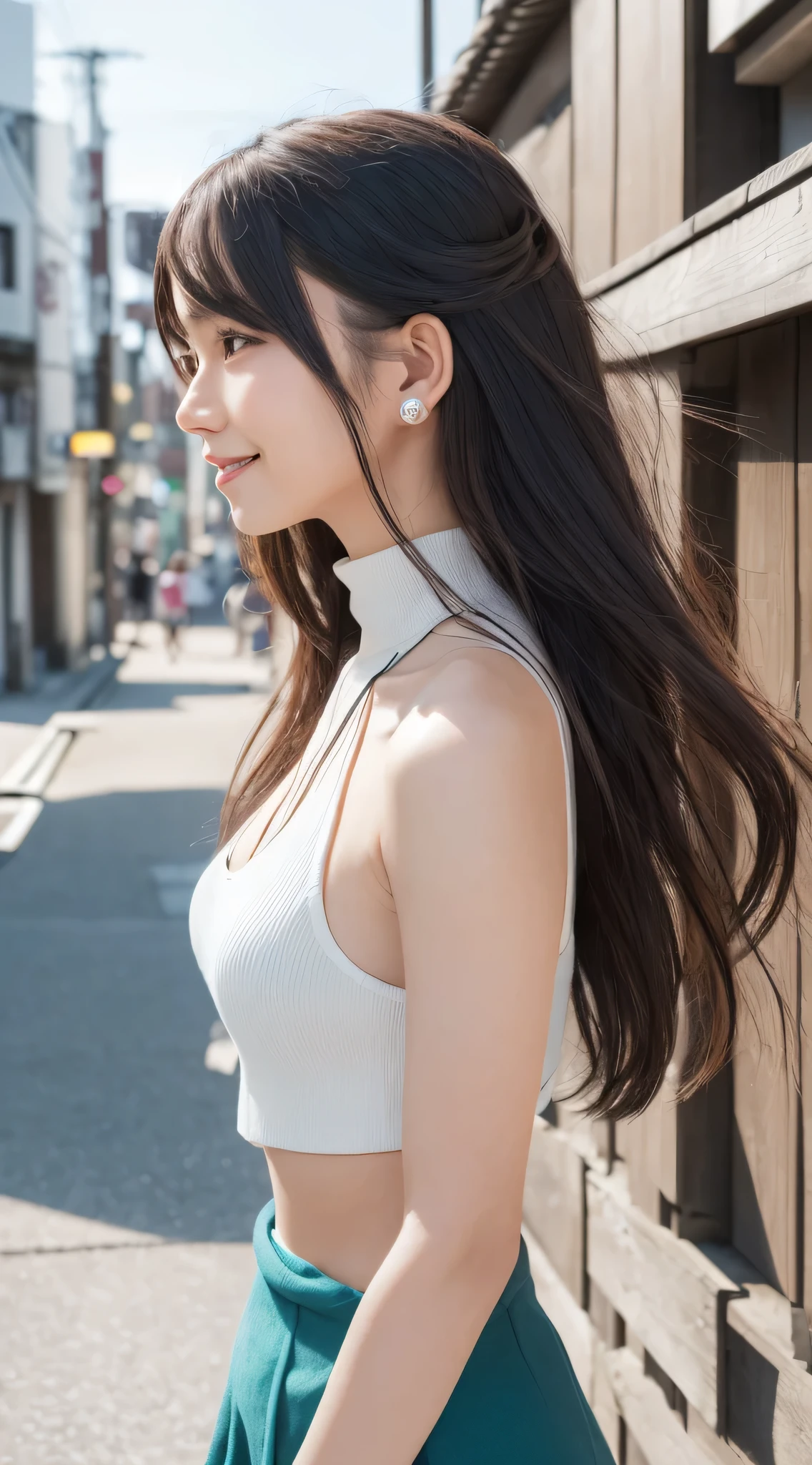 (One Woman),(Bursting smile:1.5),(Look at viewers:1.1),(hide one's hands:2.0),(Beautiful Japan Woman),straight nose,(hair behind ear, hair over shoulder, straight haired, Long hair, strong wind in the hair:1.5), ( High neck sleeveless , tight skirts:1.5), (high-heels;1.3), detailed clothes, (Perfect female body), (Narrow waist:1.5), (Bust Up Portrait:1.3), Dynamic Pose, Cinematic Light, cafes