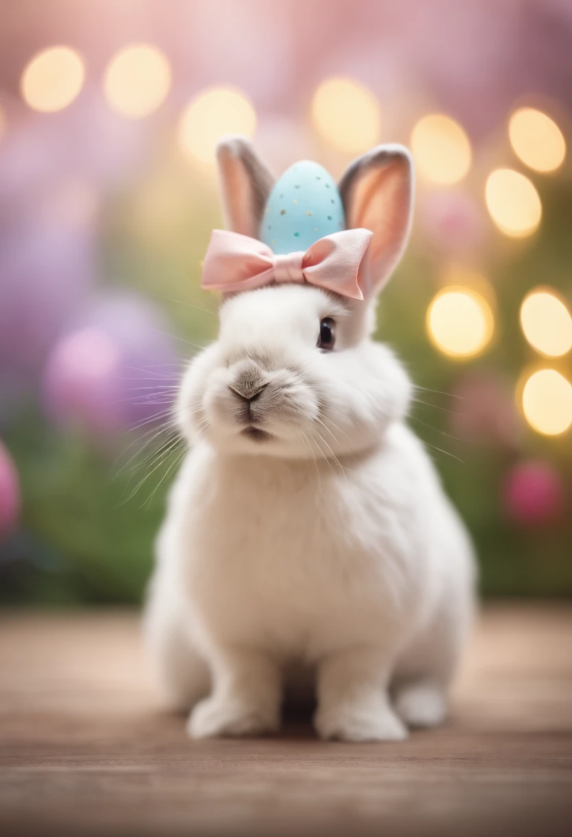 a whimsical shot of a bunny wearing a tiny Easter hat or bowtie, with a bokeh background of pastel colors, creating a festive and charming atmosphere