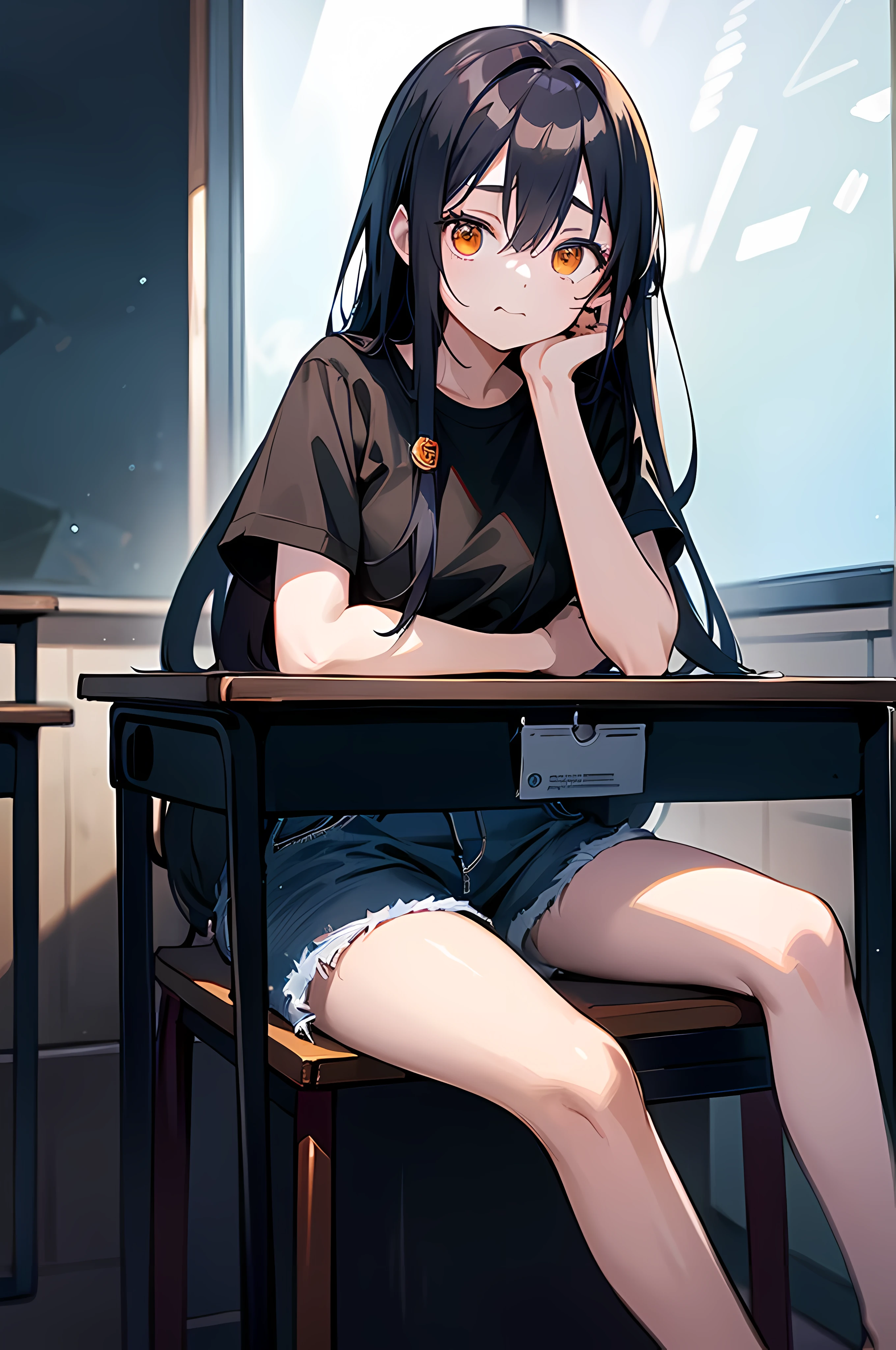 (8K Ultra High-Quality) (Masterpieces) (Image) (人物: Rimuru) 1 Girl ************, Long Black hair, Orange eyes colors, wearing Black T-shirt, wearing Jean, background in classroom, sitting at her desk, tied hair, eat Burger, looking at viewer.