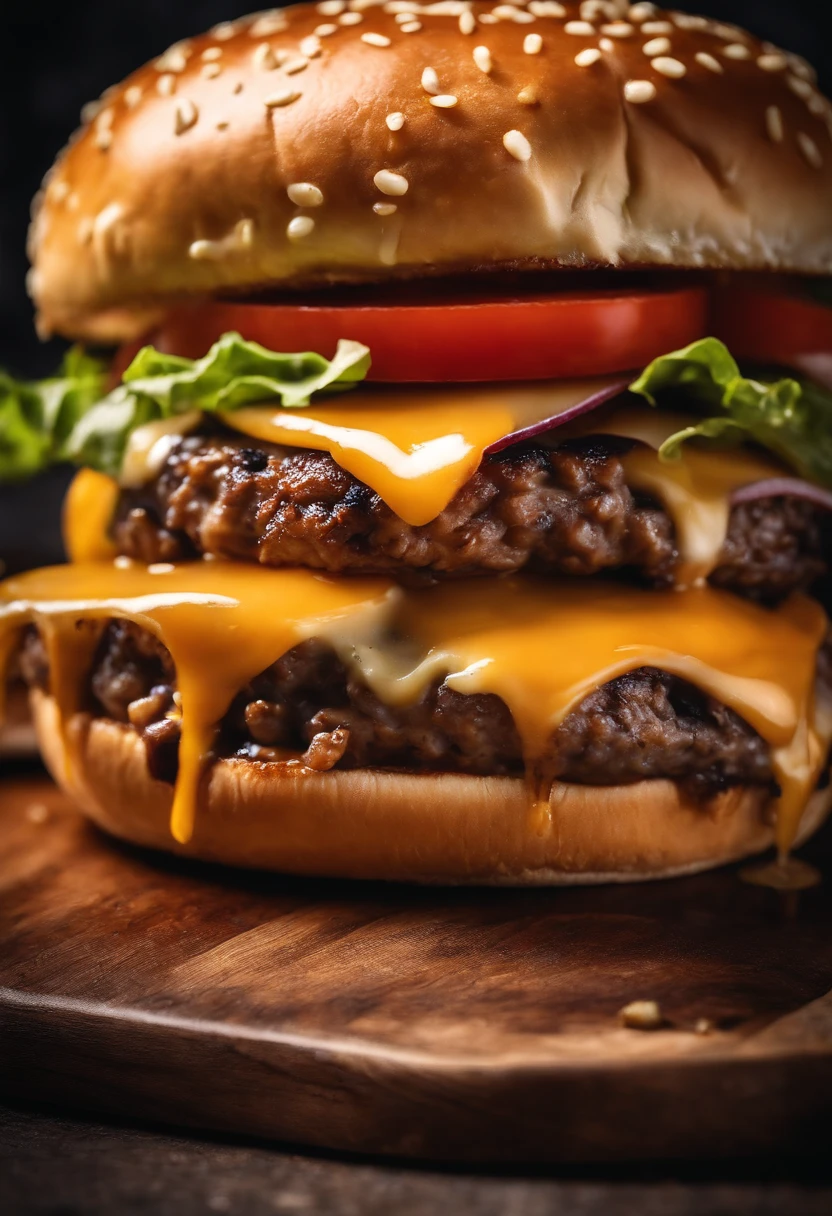 a close-up shot of a classic cheeseburger, with the cheese perfectly melted over the juicy beef patty, showcasing the deliciousness and mouthwatering appeal