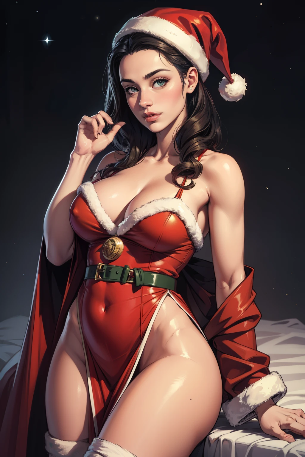 Nezuko Kamado, sozinho, cabelos longos, cabelo azul escuro, Luvas, bareshoulders, olhos verdes, elbow Luvas, lips, Natal, santa hat, red Luvas, Traje de Papai Noel, Realistic, in cozy Natal workshop, Skimpy, colorido, alto contraste, fundo intrincado, pele altamente detalhada, 8k, UHD,(SFW),Selos Postais Vintage